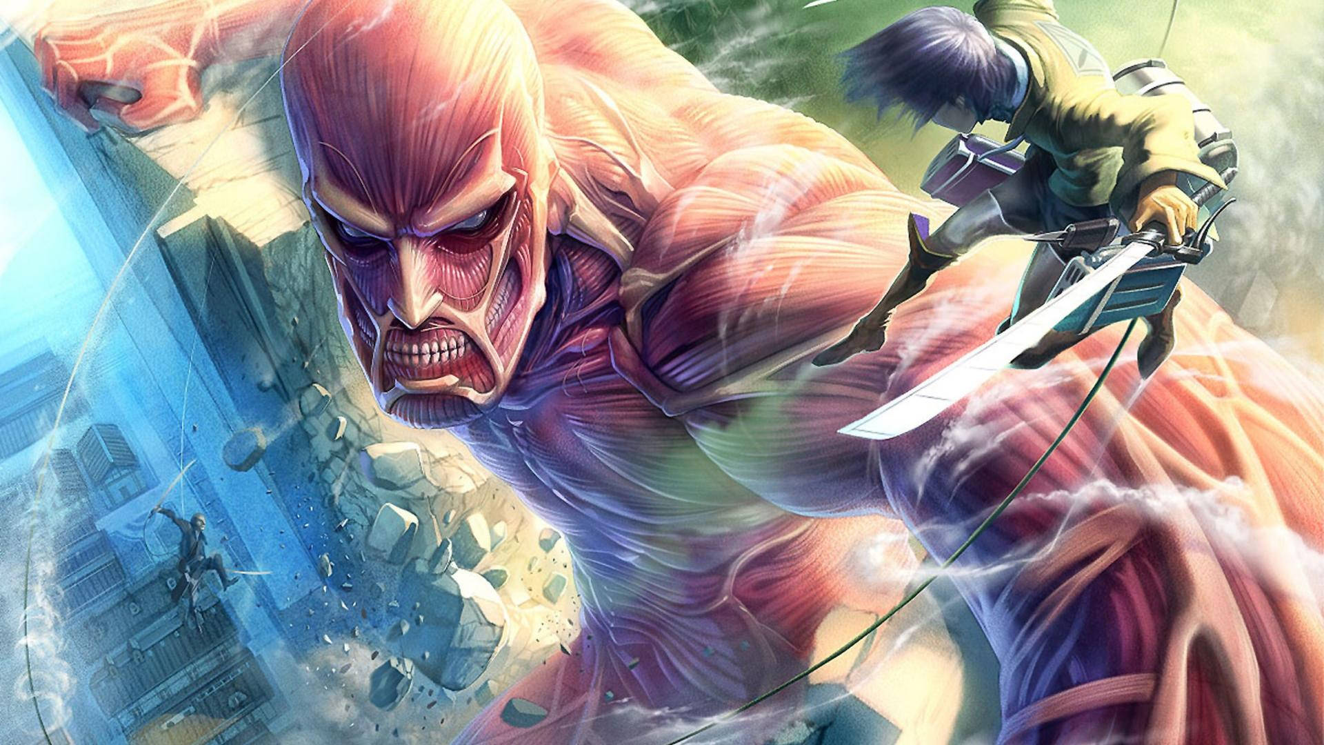 Sint Kolossal Titan som kjemper med Eren ved Mur Maria i Attack on Titan fan art-bakgrunnsbilde.