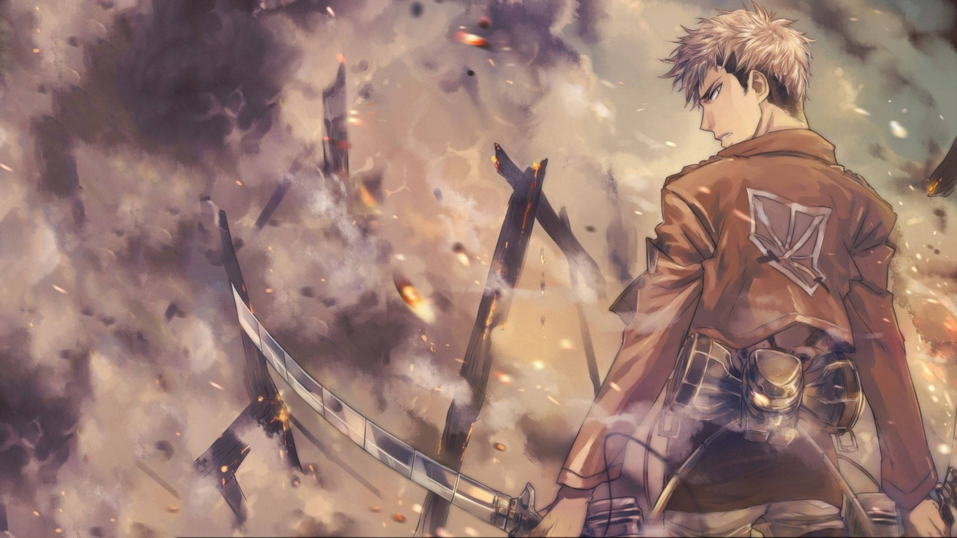 Jean Kirstein iført treningkorps-uniformen sin midt i bølgende røyk i Attack on Titan fan art-bakgrunnsbilde.