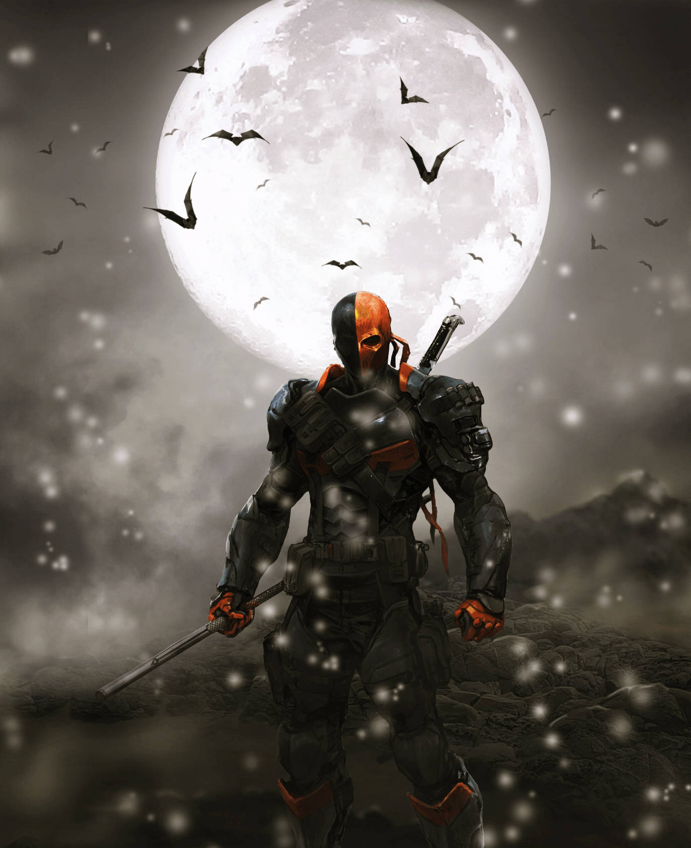 Den truende Deathstroke sikter midt i et kosmisk slagfelt. Bakgrunner