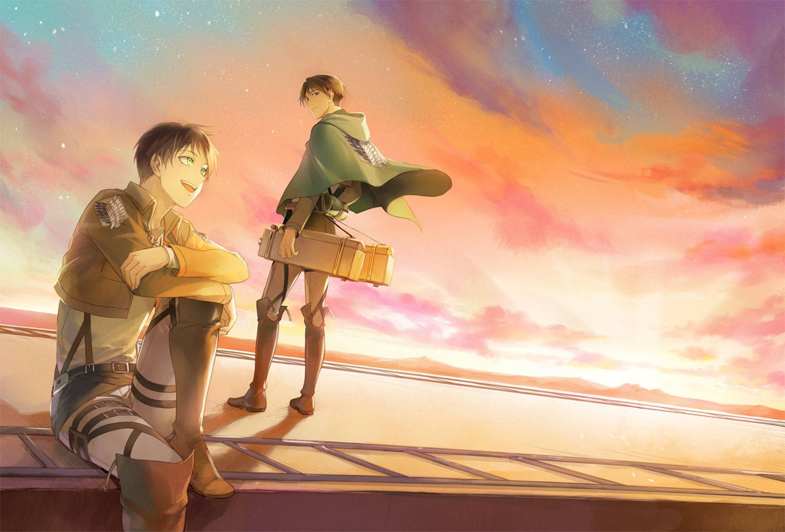 Eren og Levi henger på toppen av muren i Attack on Titan estetisk bakgrunnsbilde.