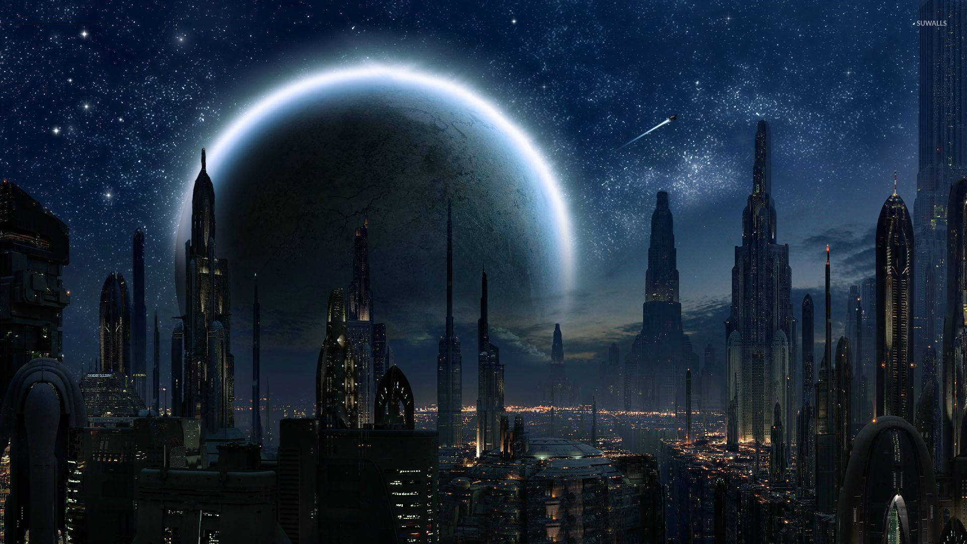 Star Wars-bakgrunnsbilde av høye bygninger og den store månen Coruscant i den moderne byen.