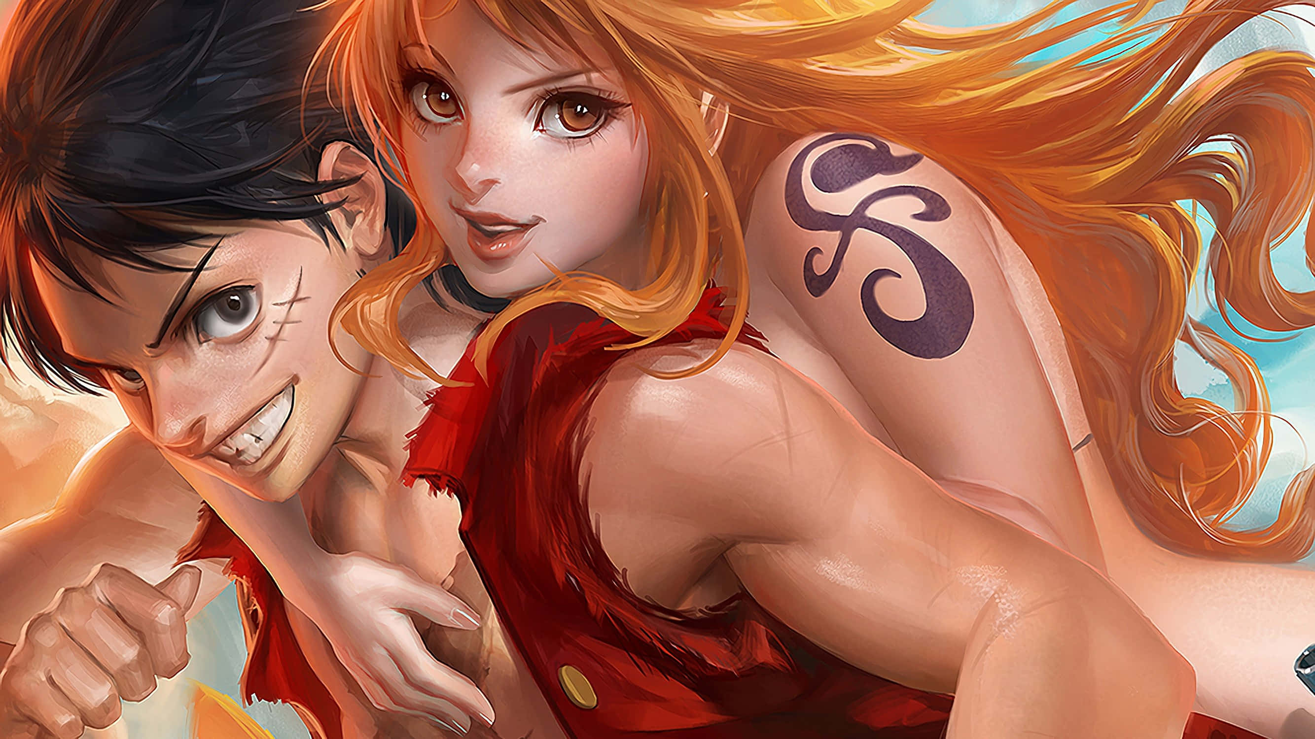 Digitalt maleri Luffy og Nami One Piece Bakgrunner