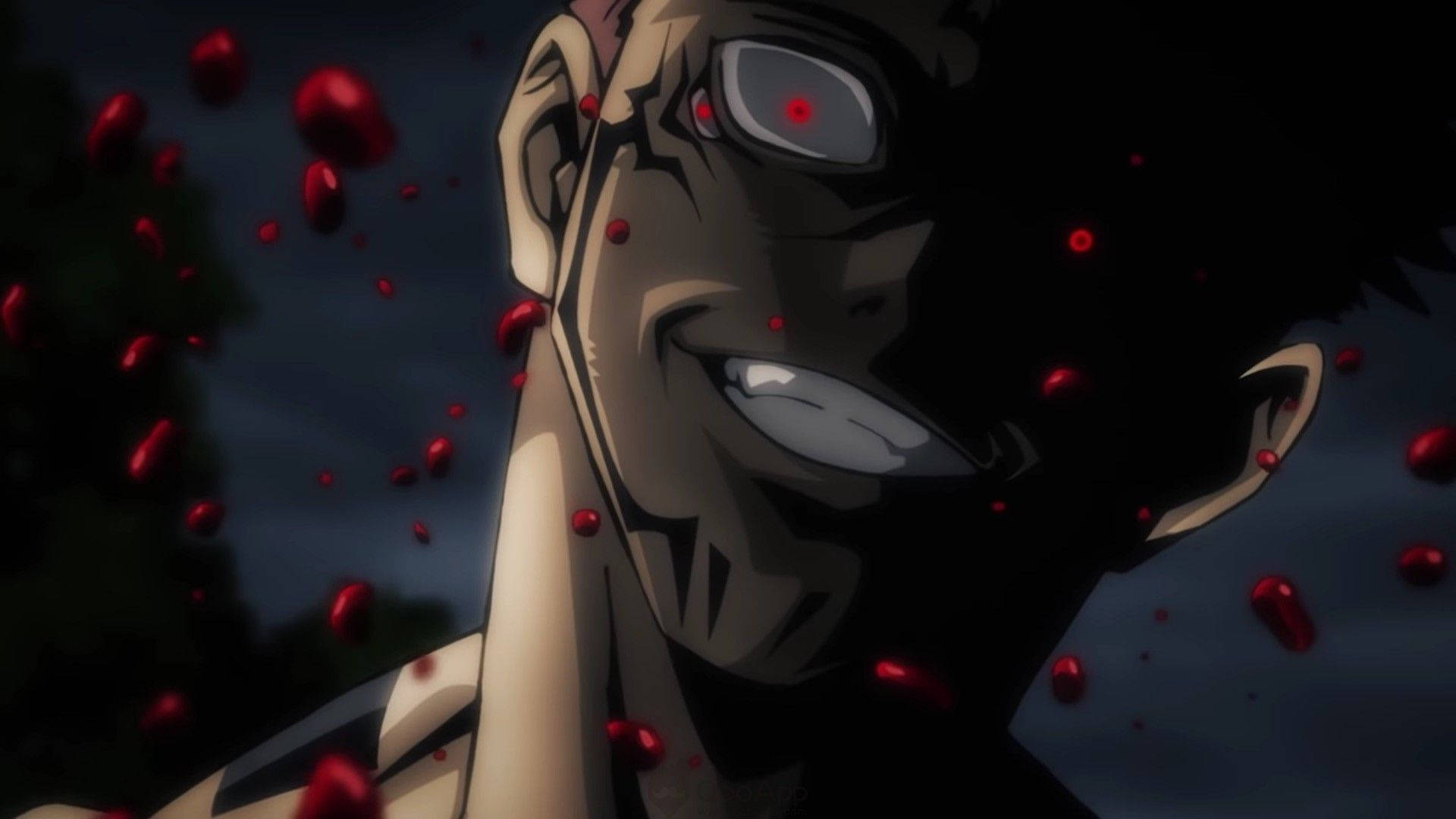Sukuna i Jujutsu Kaisen med drepende øyne og blod-bakgrunn