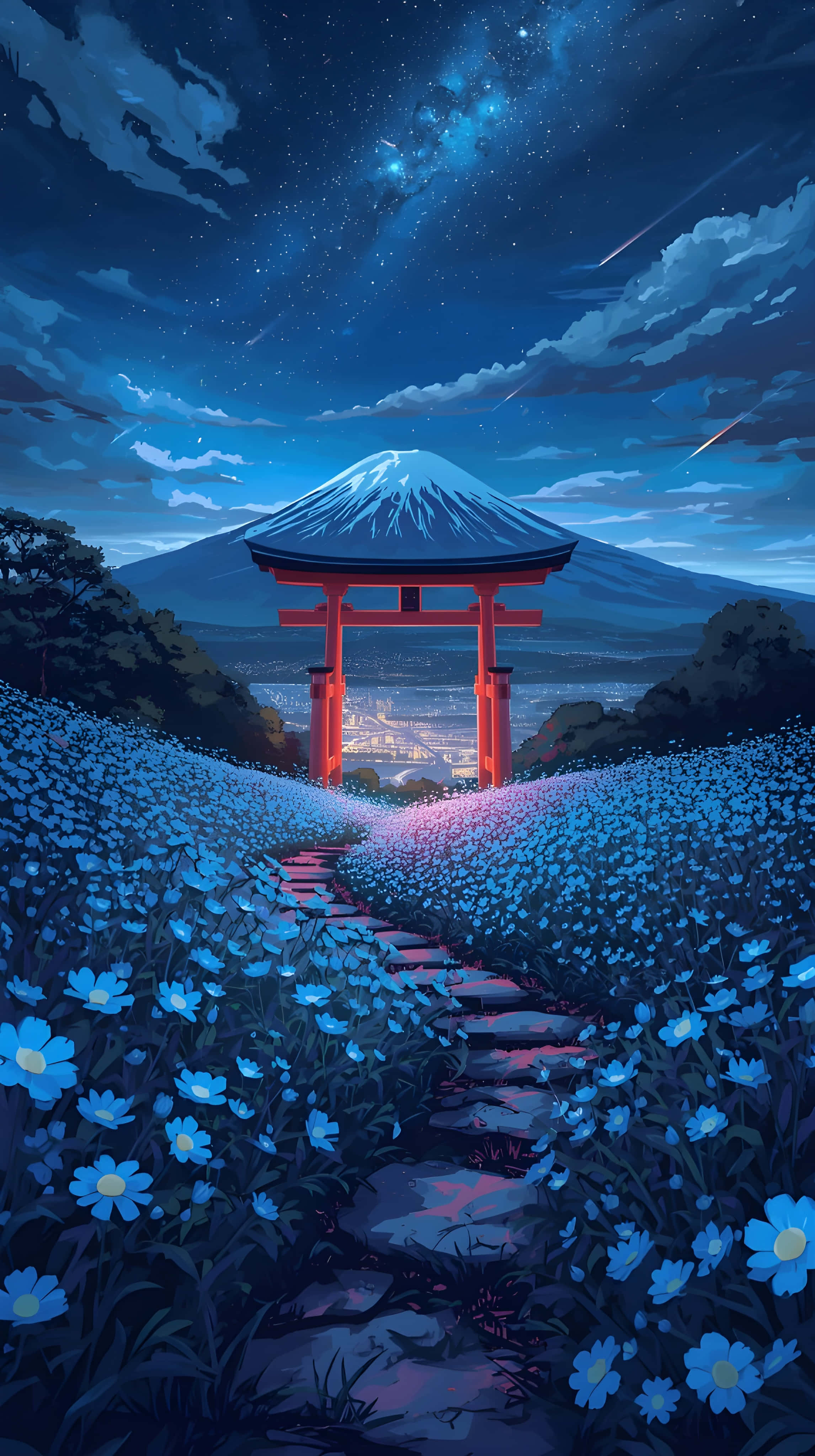 Drømmeaktig nattehimmel over Fuji-fjellet og blå blomster Bakgrunner