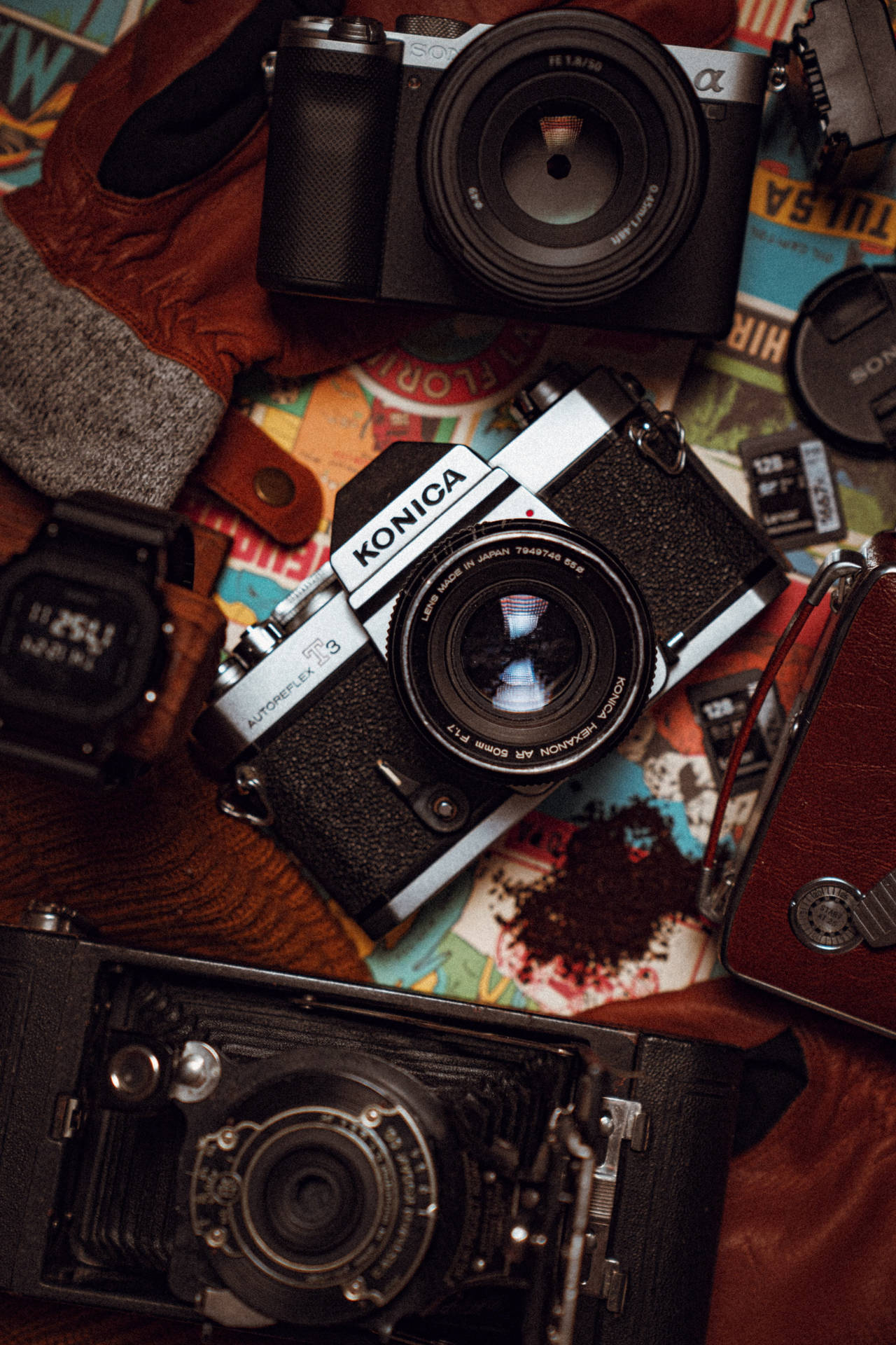 DSLR-kamera flatlay-estetikk — Brun estetisk GIF Bakgrunner