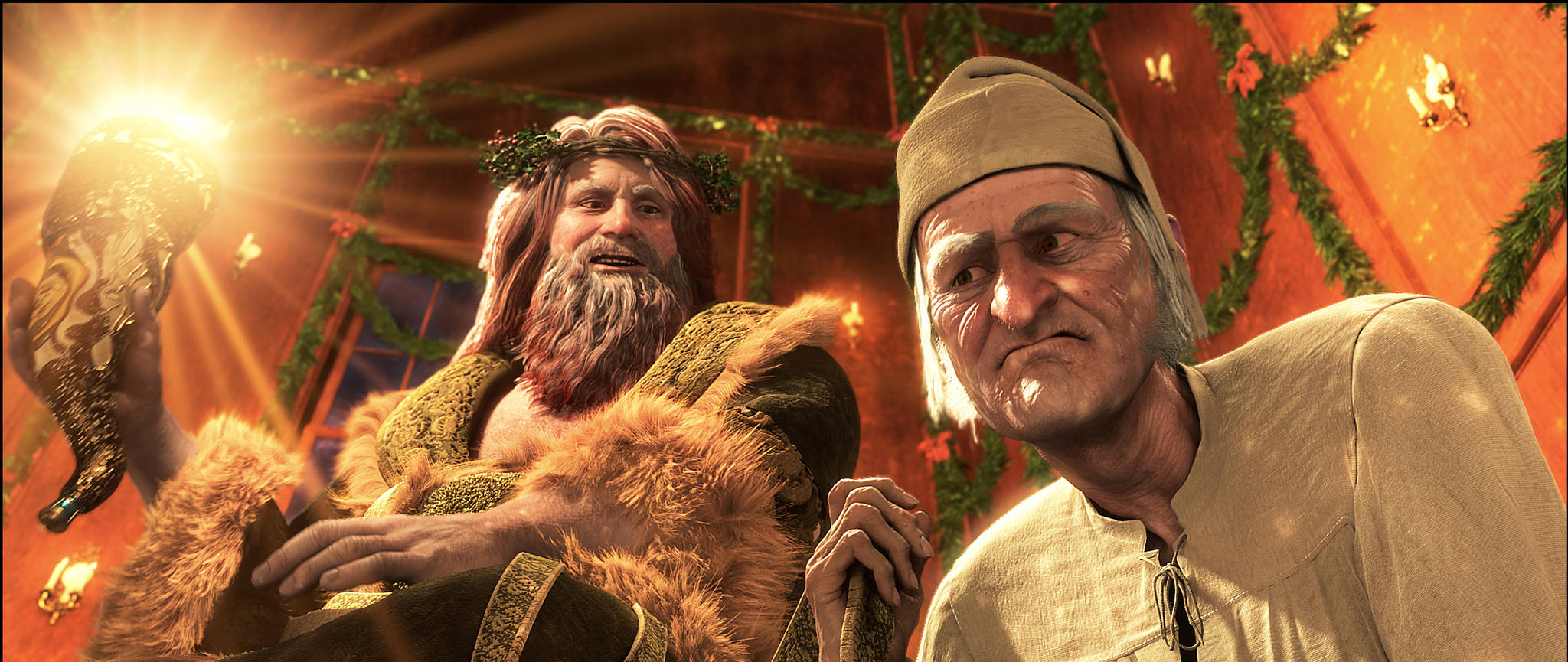 Ebenezer Scrooge møter Julefortidens ånd i en scene fra En julefortelling. Bakgrunner