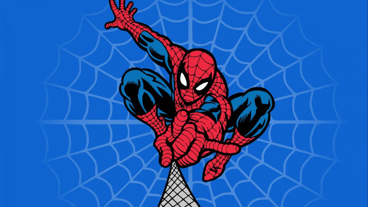 Edderkoppmannen løsner spindelvev på en blå bakgrunn, Marvel Superhelt tegneserier.
