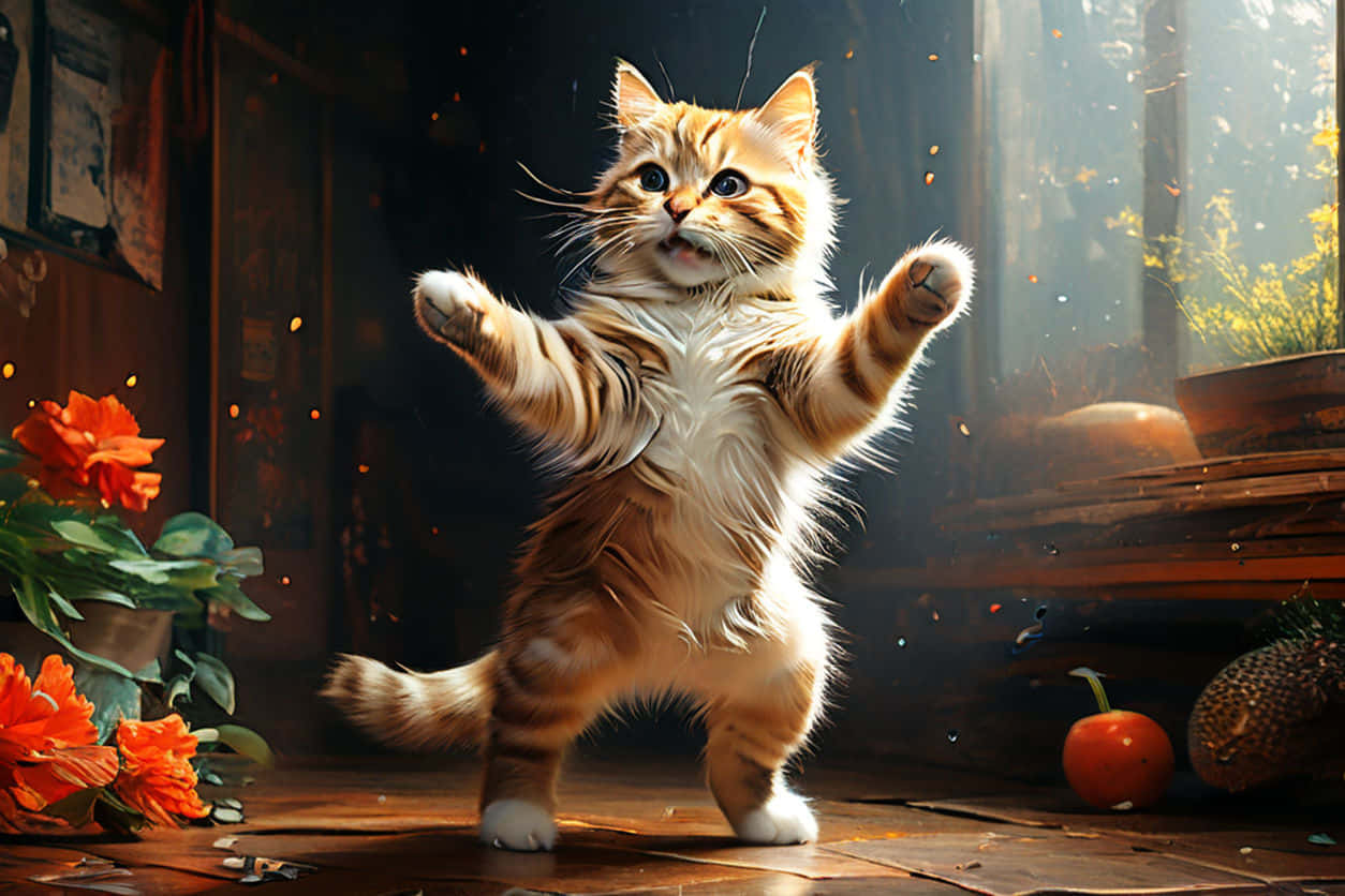 Elegant dansende katt i solfylt rom Bakgrunner
