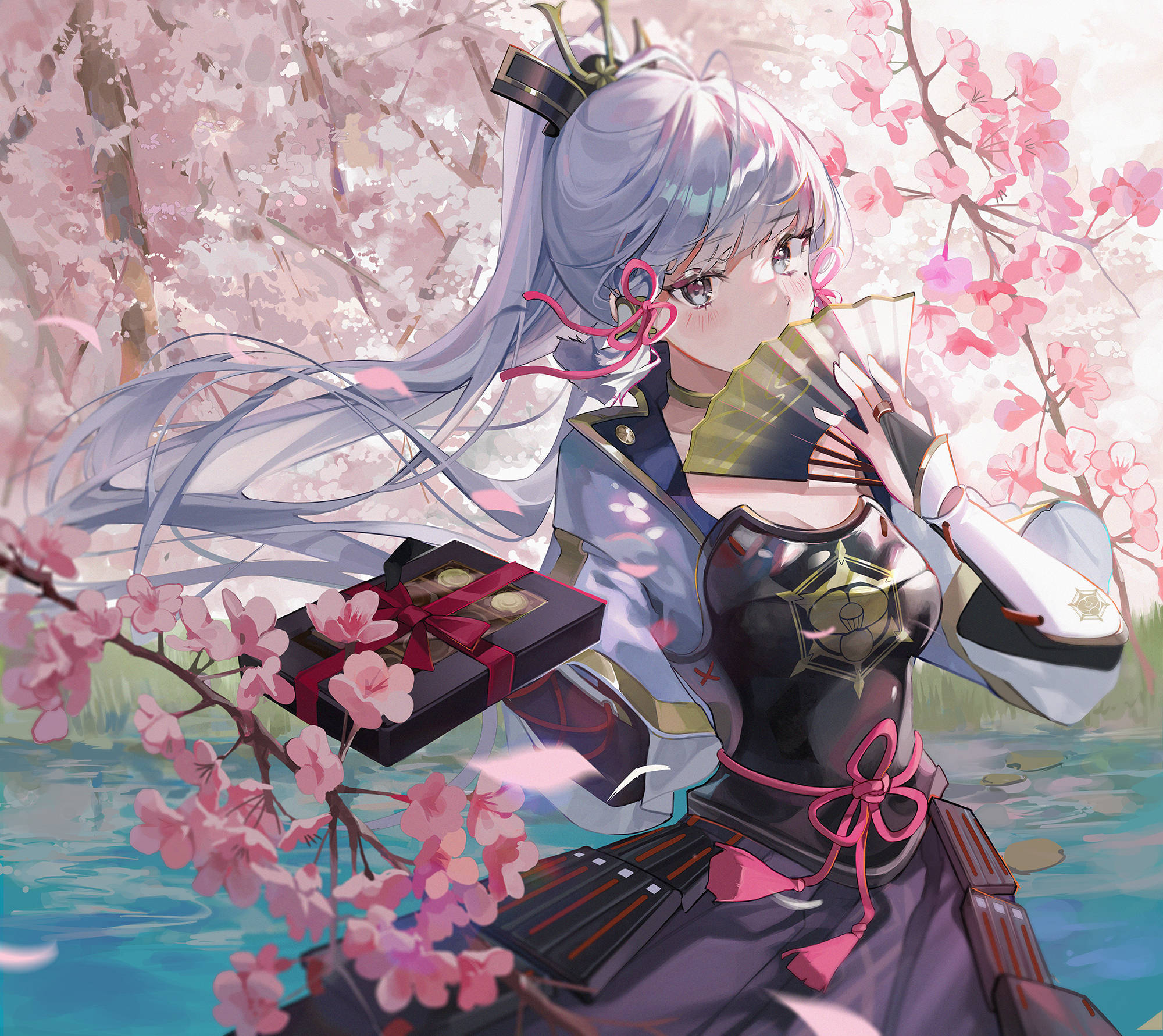Elegante Kamisato Ayaka som overrekker en sjokoladeeske Bakgrunner