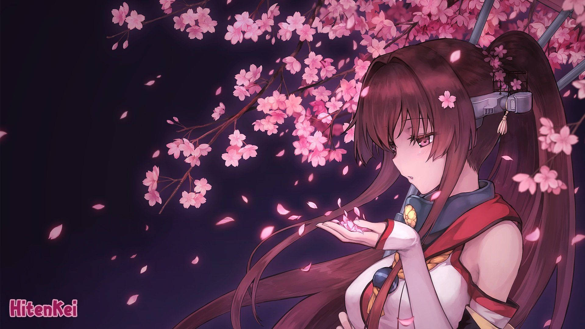 En animejente står under et blomstrende sakura-tre. Bakgrunner