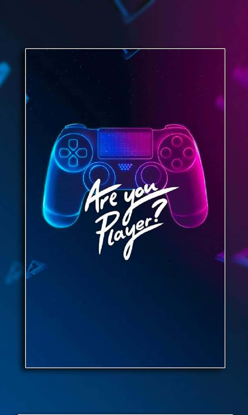 En blå og lilla PS4-kontroller med teksten er du en spiller? Bakgrunner
