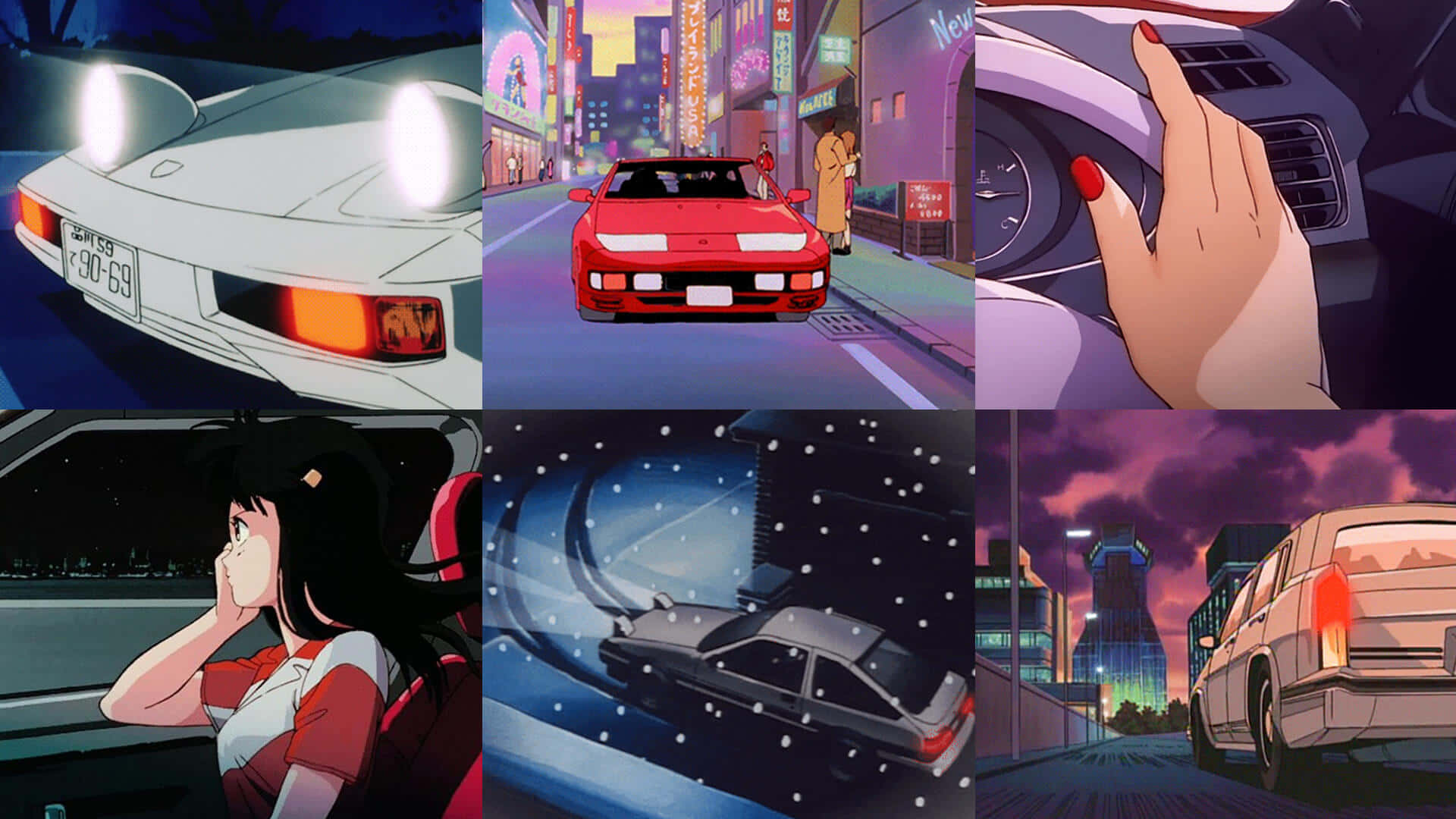 en collage av anime-bilder med en bil og en kvinne Bakgrunner