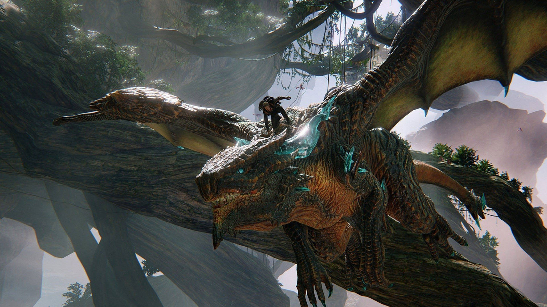 Stor mørk Scalebound-drage som flyr 4k bakgrunn.