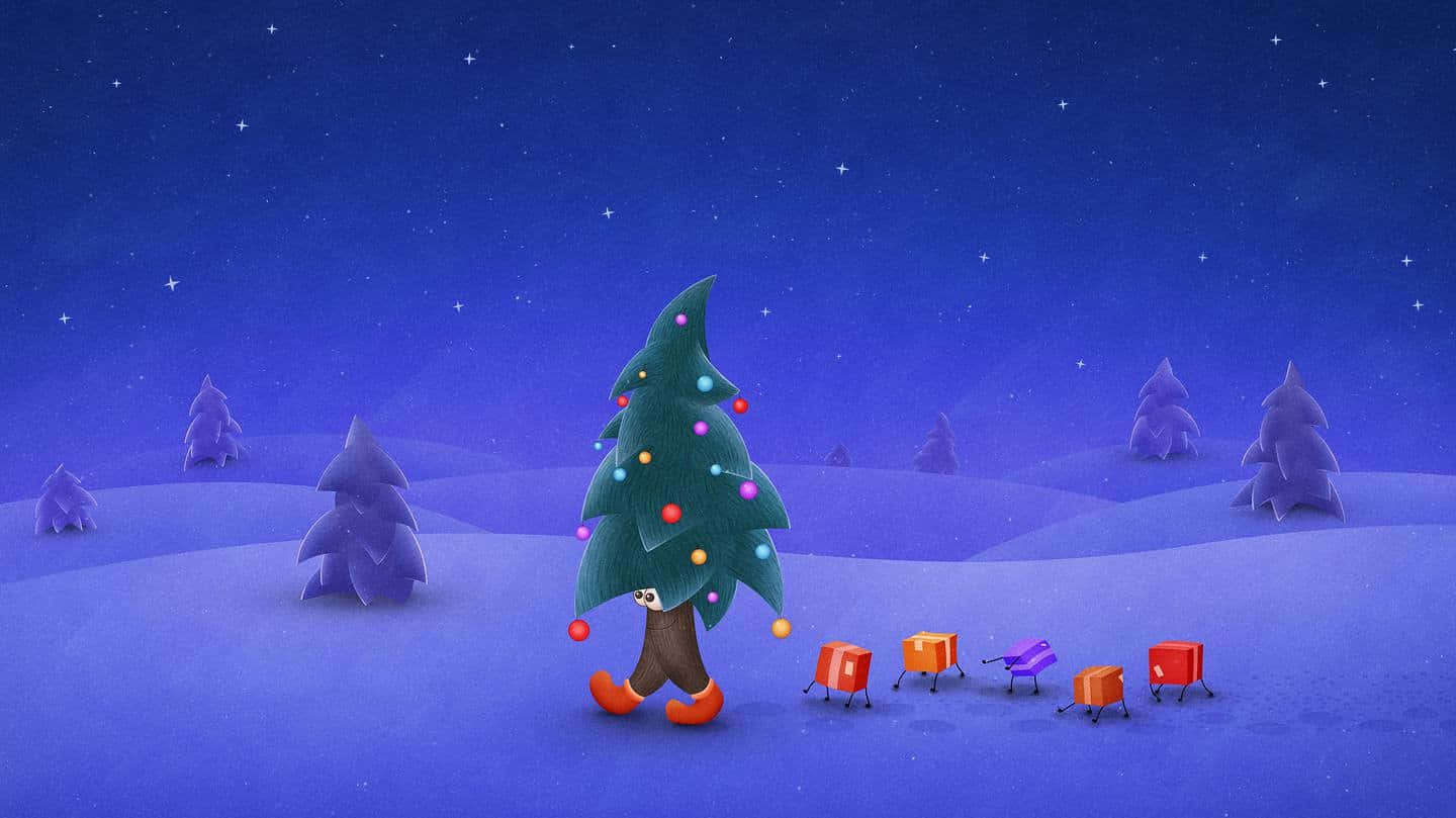 En enkel julebakgrunn med festlige lys, et furutre og en krans Bakgrunner