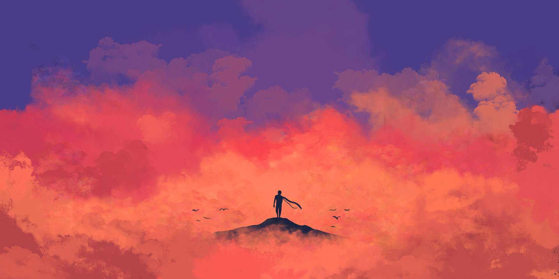 Minimalistisk mann med skjerf i rosa himmel bakgrunn.