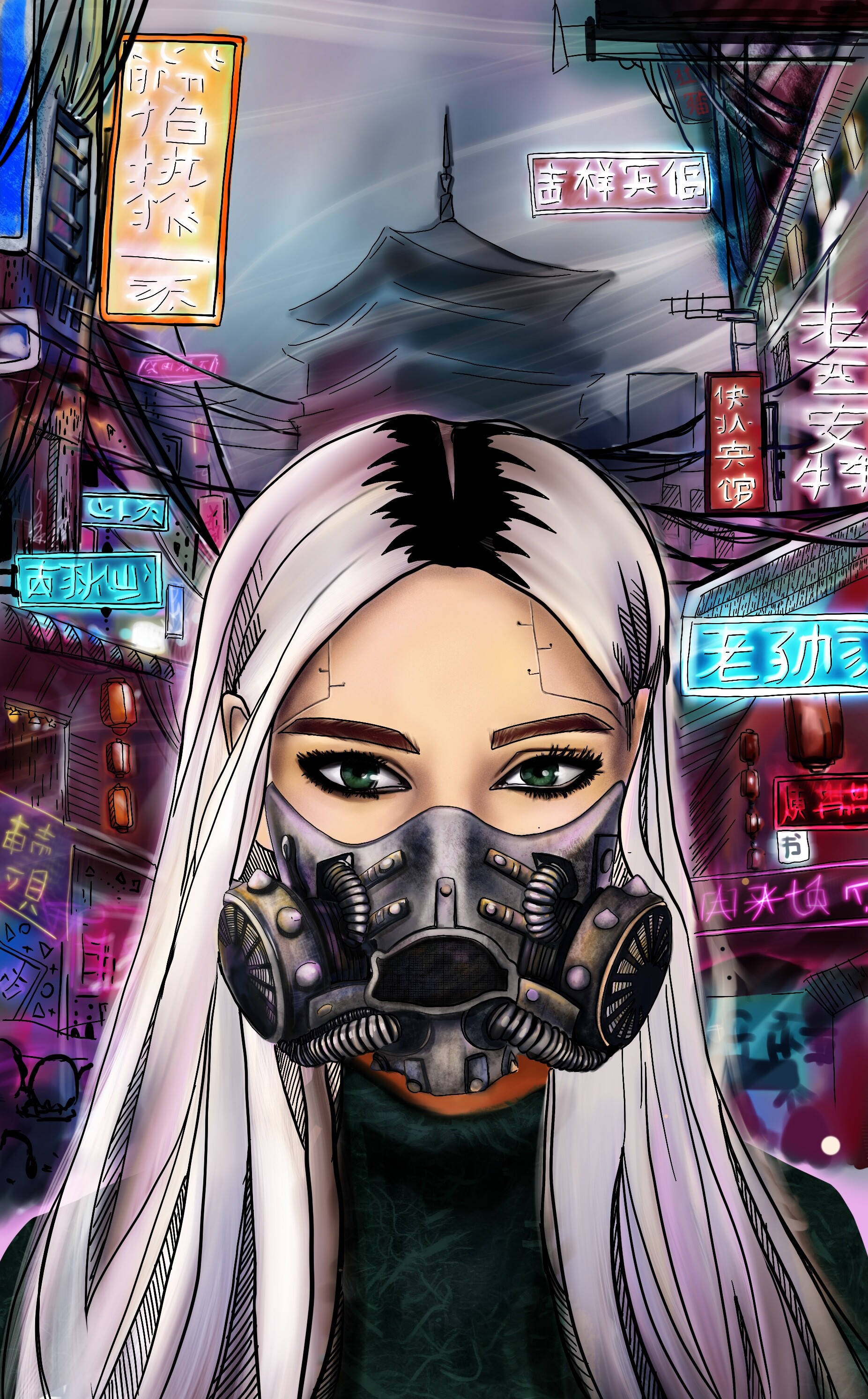 En imponerende futuristisk cyberpunk iført en robotmaske Bakgrunner