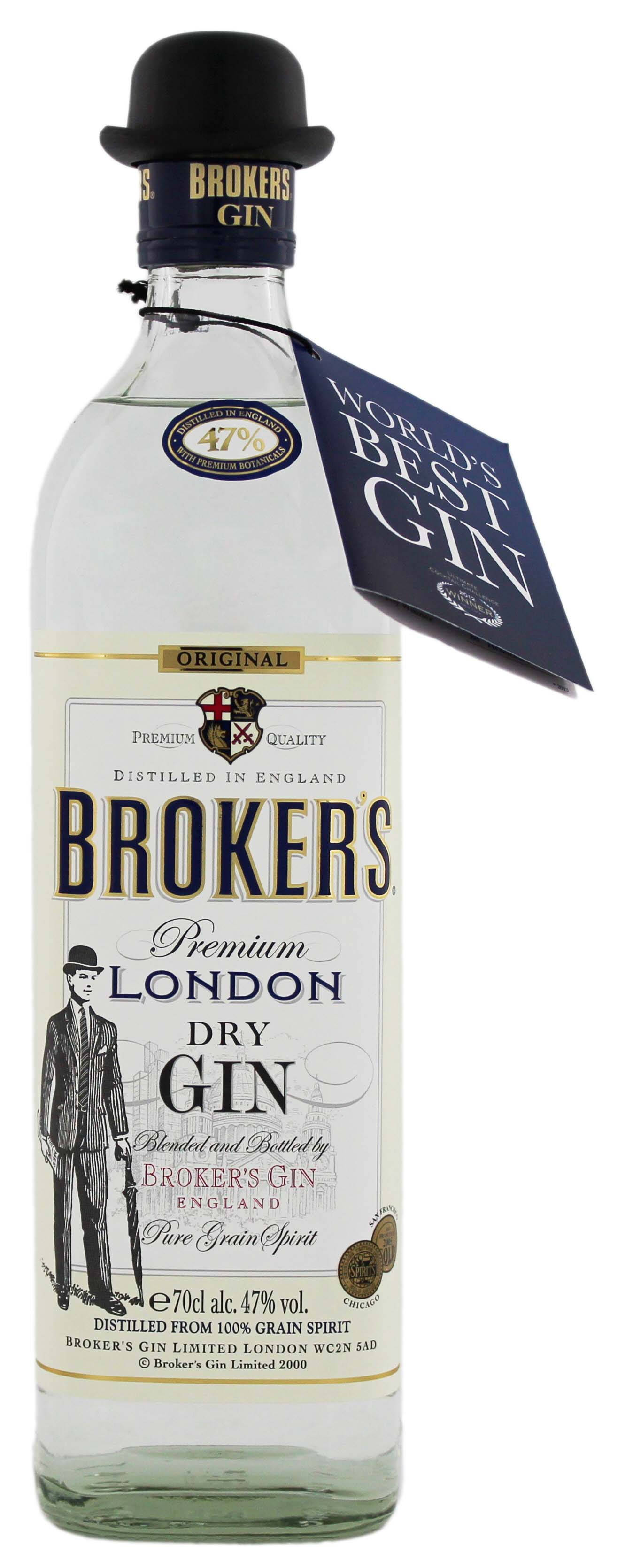 En flaske Brokers Gin med den karakteristiske bowlerhatten Bakgrunner