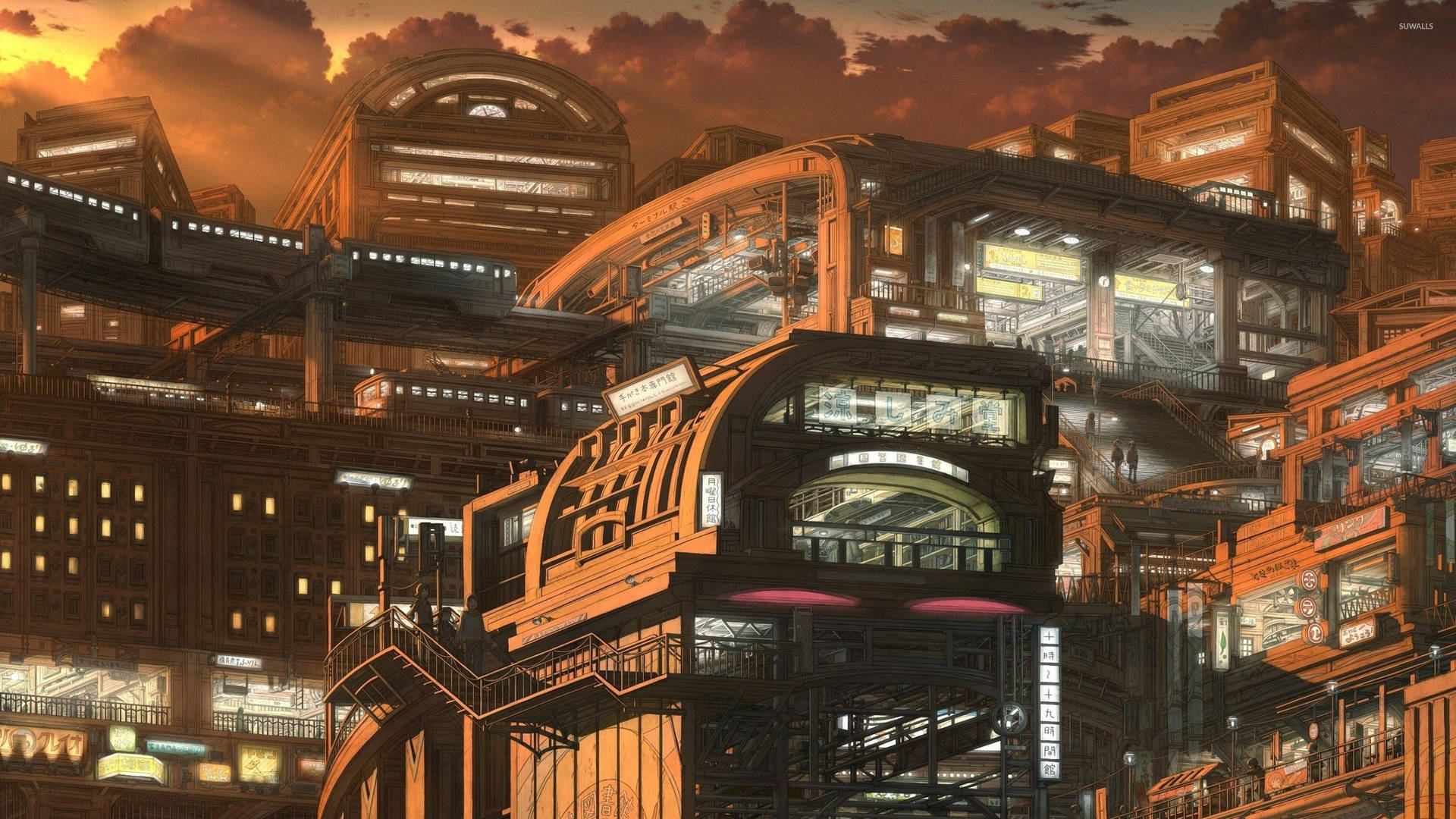 Asiatisk futuristisk animeby med kommersielle bygninger bakgrunnsbilde.