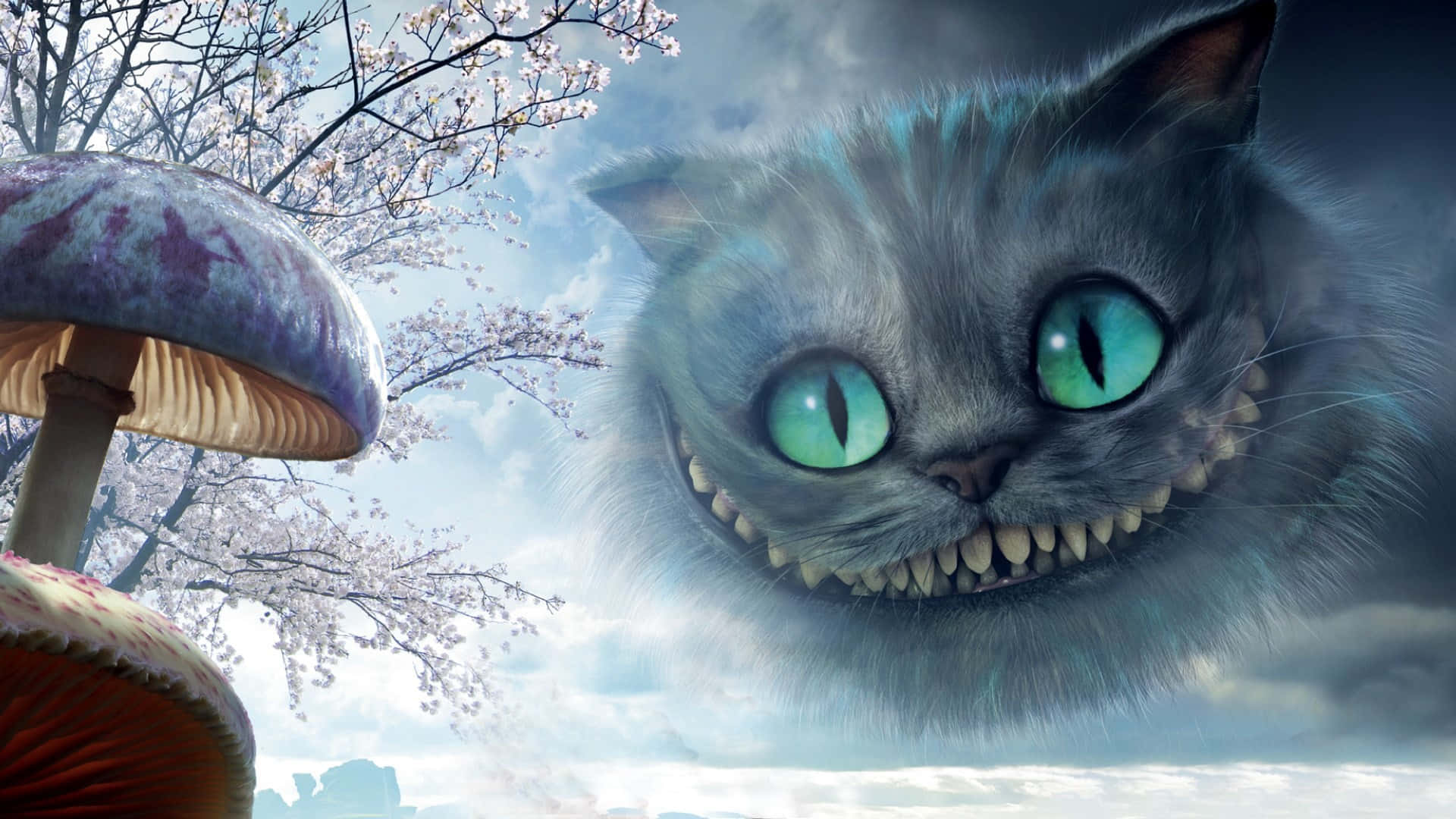 En gigantisk Cheshire Cat smiler lurt i stjernelyset. Bakgrunner