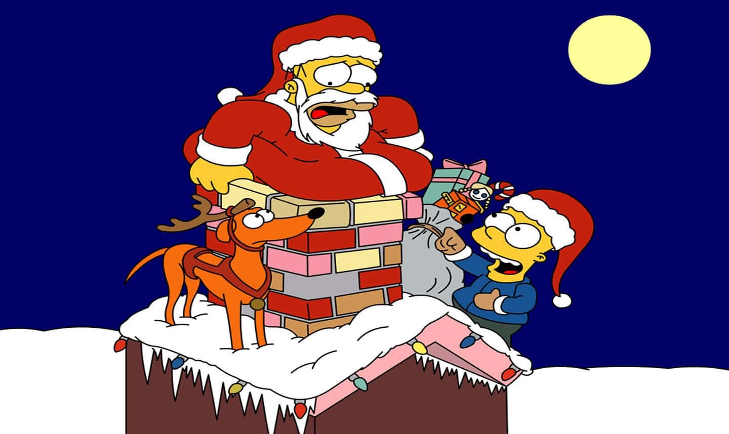 En glad julenisse som rir på en brølende T-Rex i et snødekt julelandskap Bakgrunner