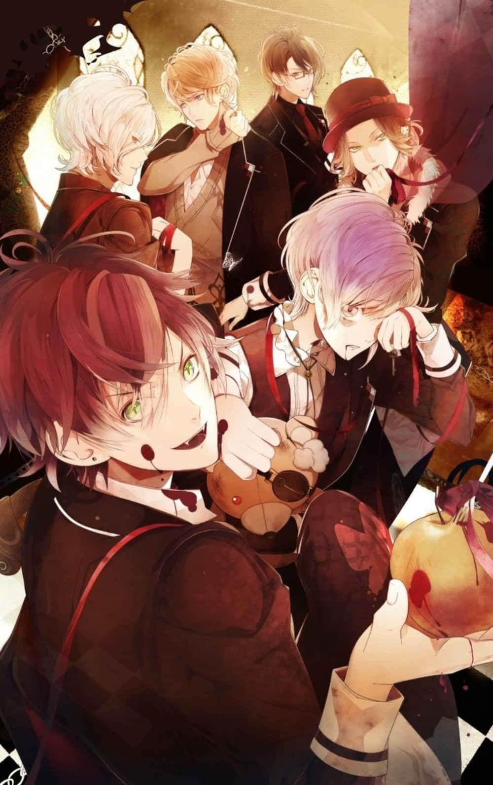 en gruppe anime-karakterer som holder epler Bakgrunner