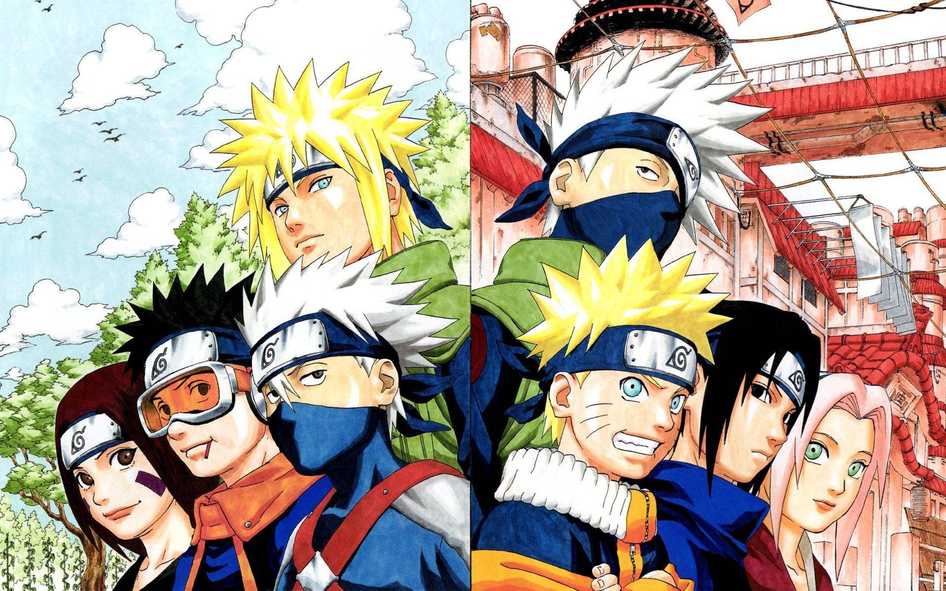 Minato med laget sitt og Kakashi med laget sitt, Naruto, Sasuke og Sakura. — Kult naruto GIF Bakgrunner
