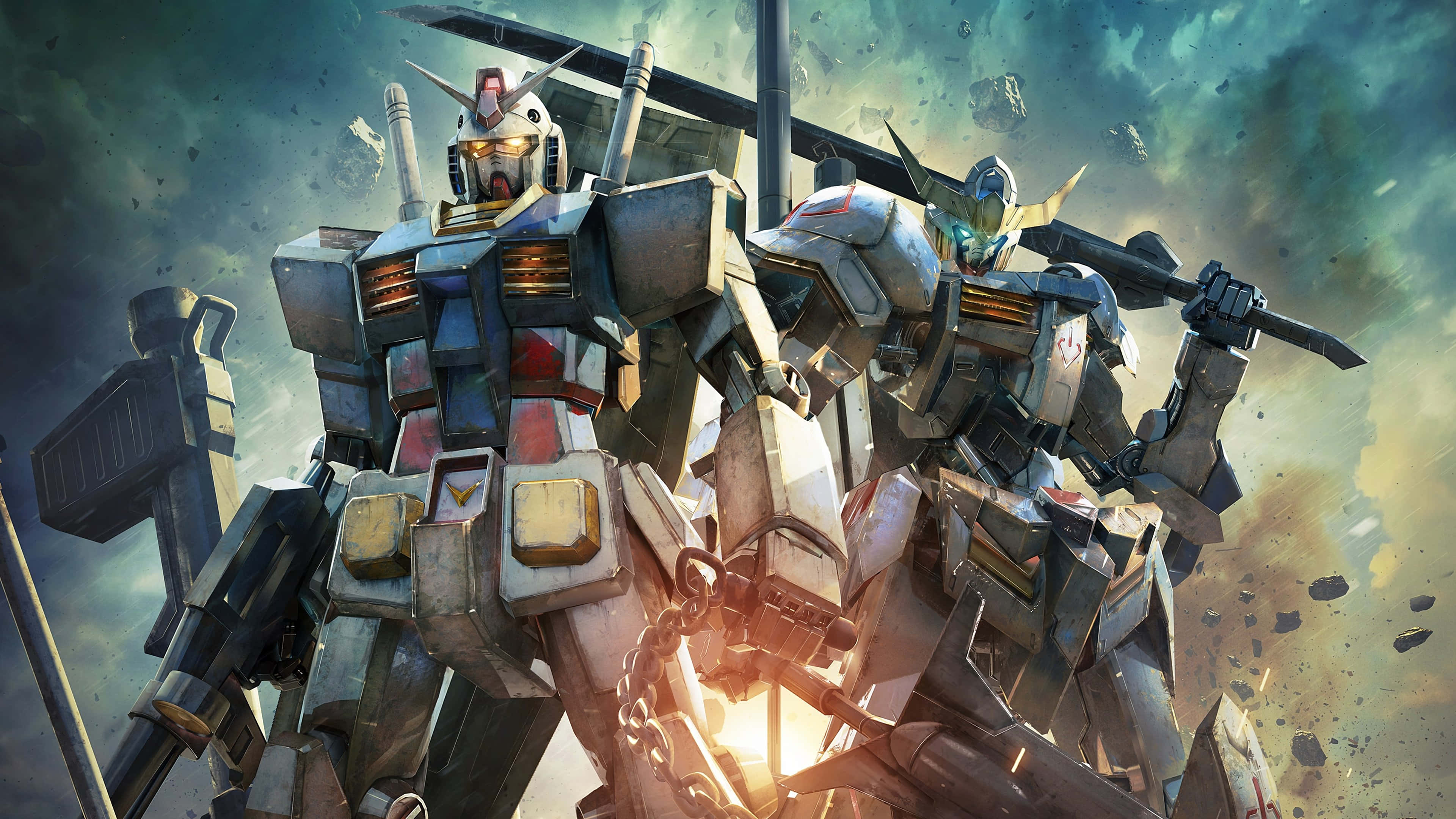 En Gundam-robotpilot ser en storby ovenfra Bakgrunner