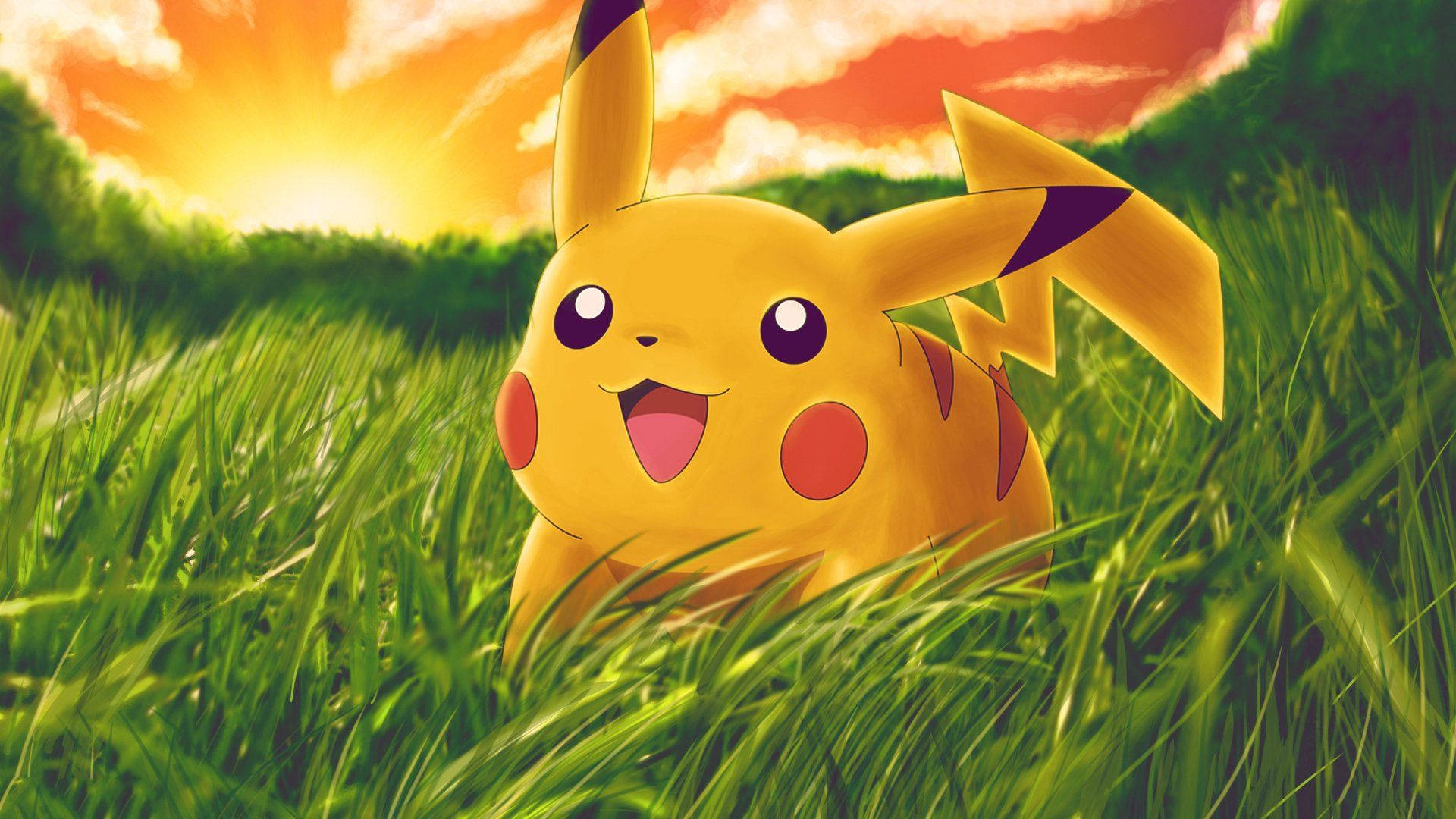 Bakgrunnsbilde av Pikachu på marken med solnedgang bak seg.