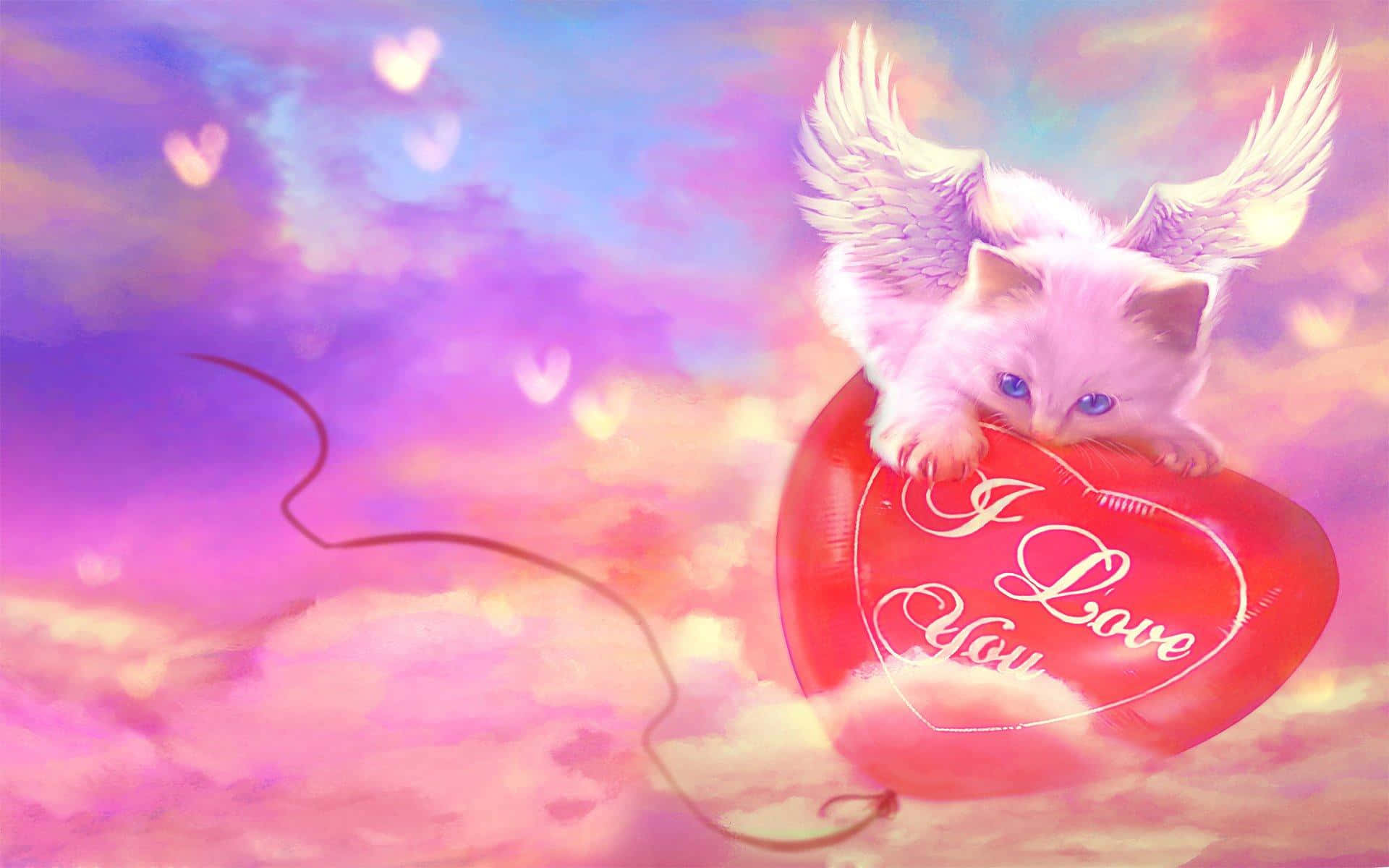 en kattunge med vinger som flyr over en hjerteformet ballong Bakgrunner