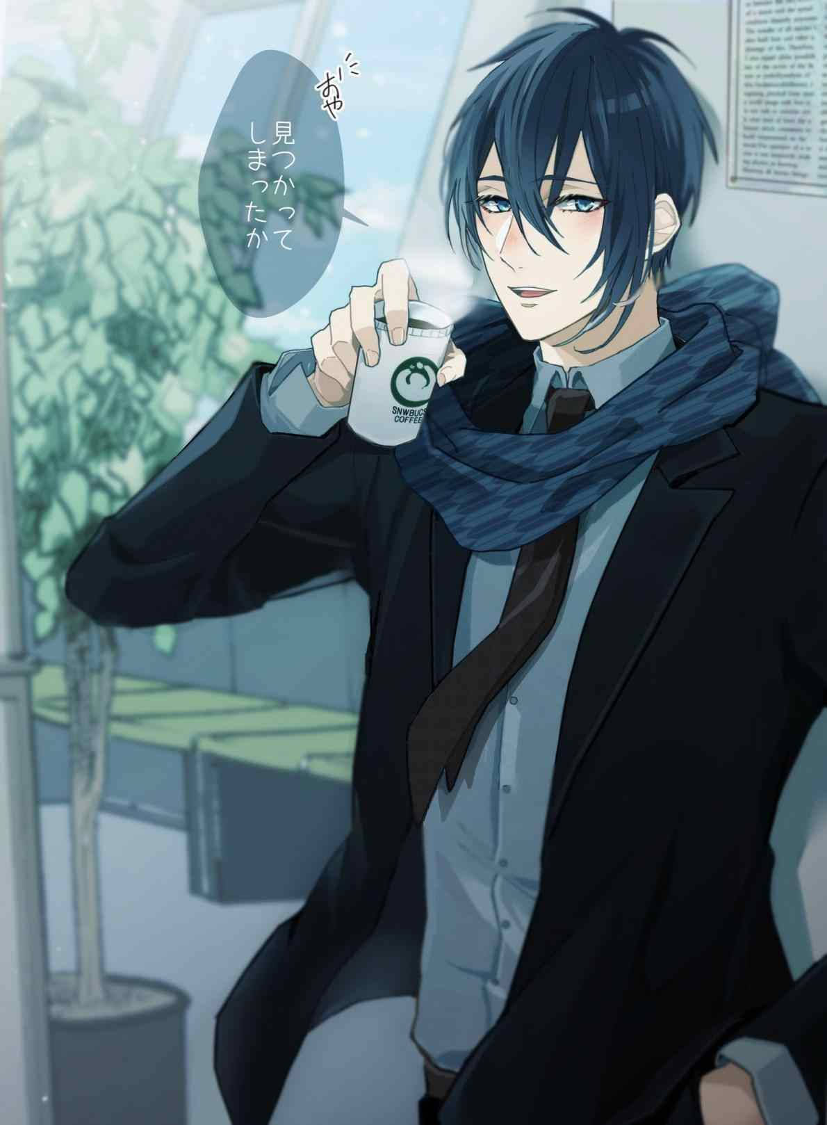 Kjekk anime-gutt med varm kaffe bakgrunnsbilde