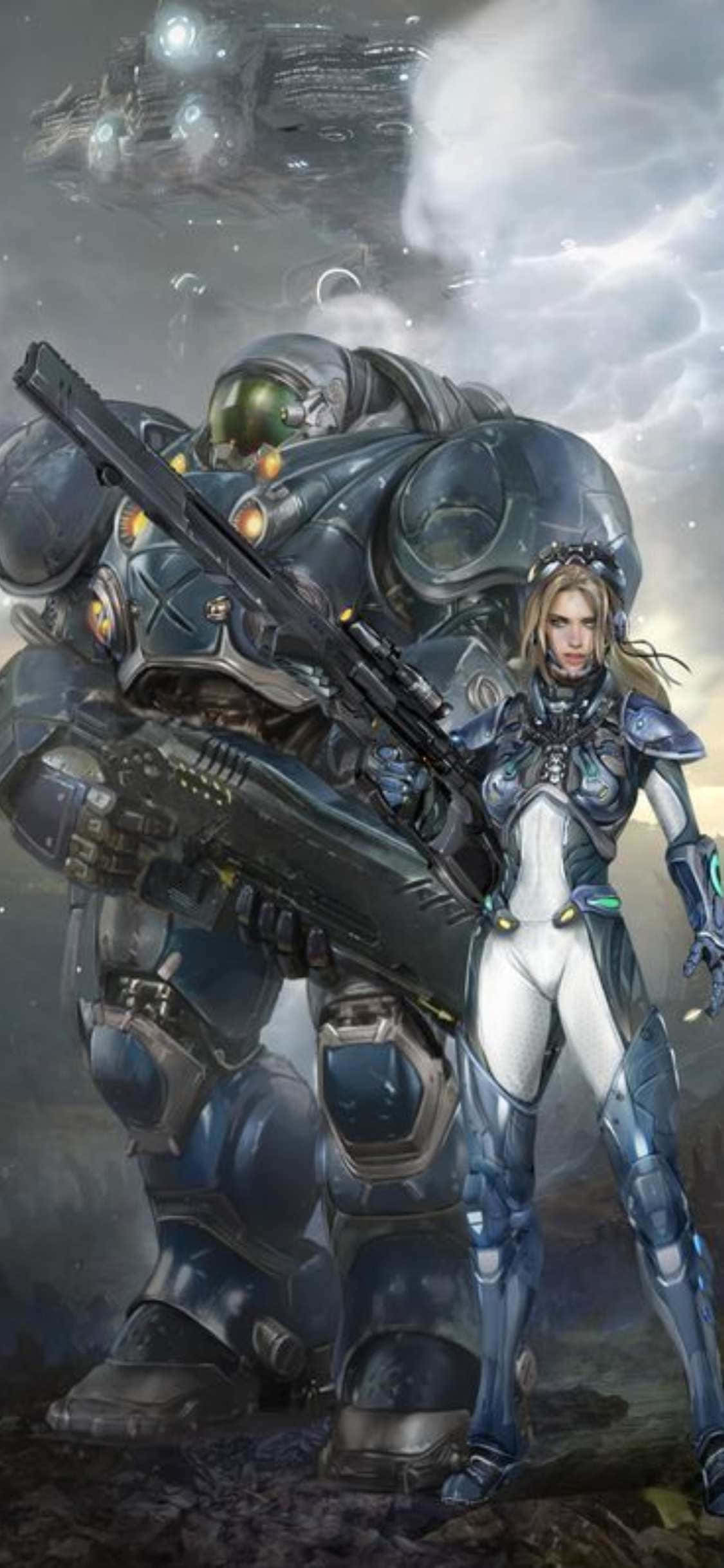 a woman with a gun and a robot Bakgrunner