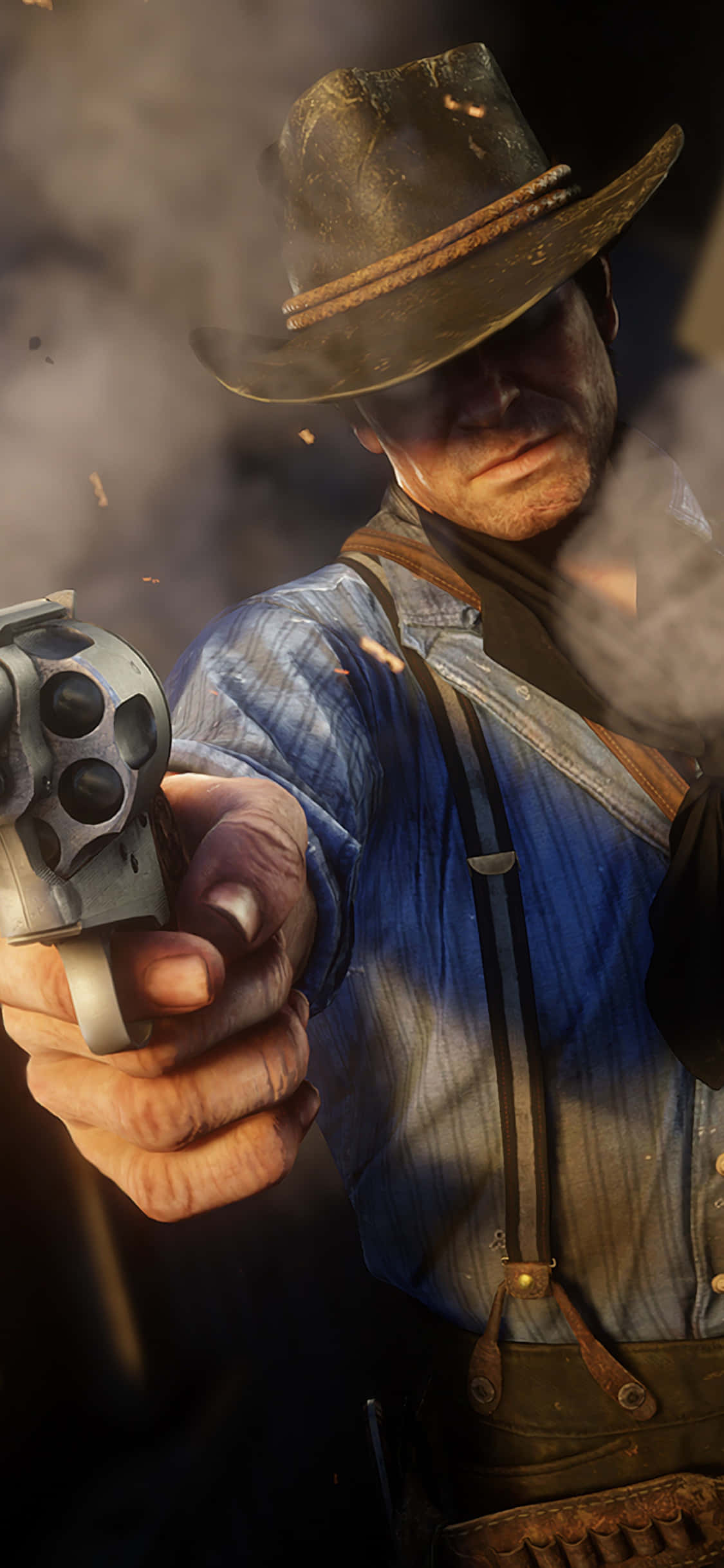 en mann i cowboyhatt holder en pistol Bakgrunner