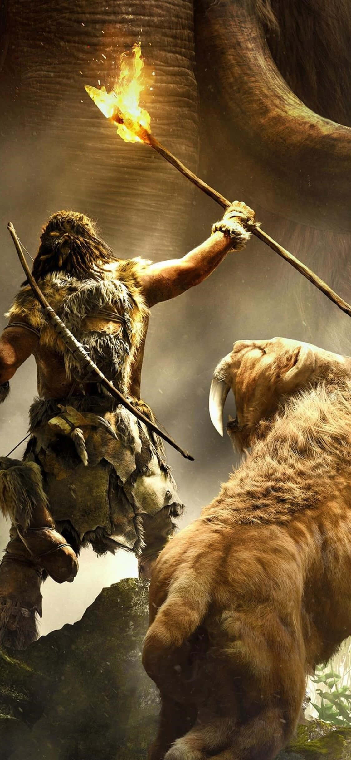 en mann kjemper med en mammut og en bjørn Bakgrunner