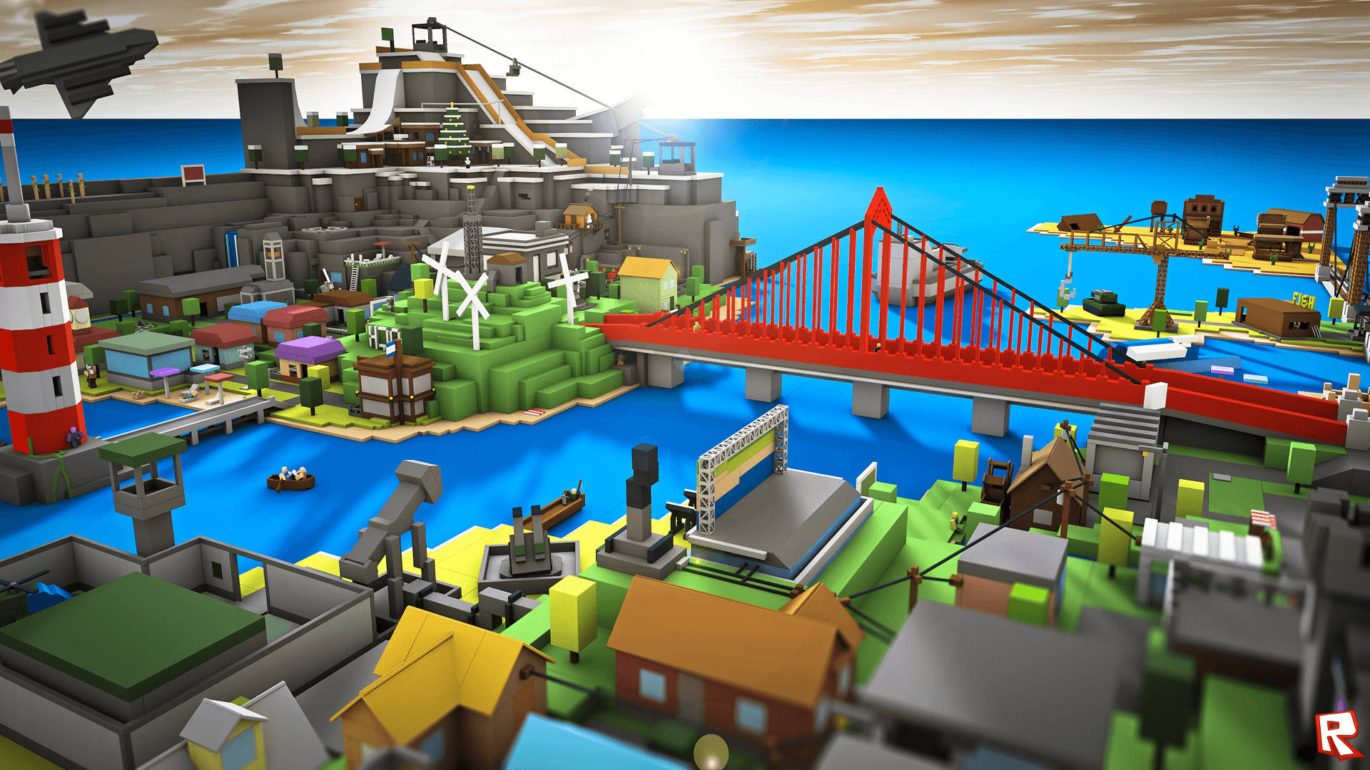 Kult 3D-bakgrunnsbilde av byarkitektur i Roblox-spillet.