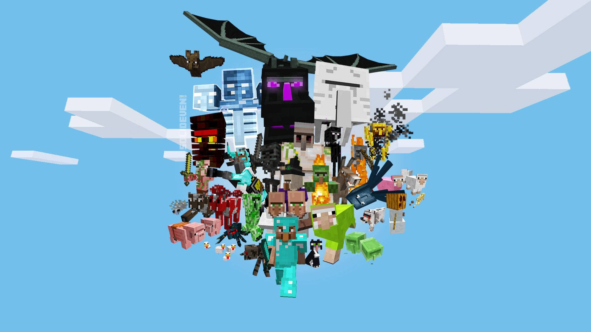 En mob-samling under Minecrafts midt på dagen-himmel Bakgrunner