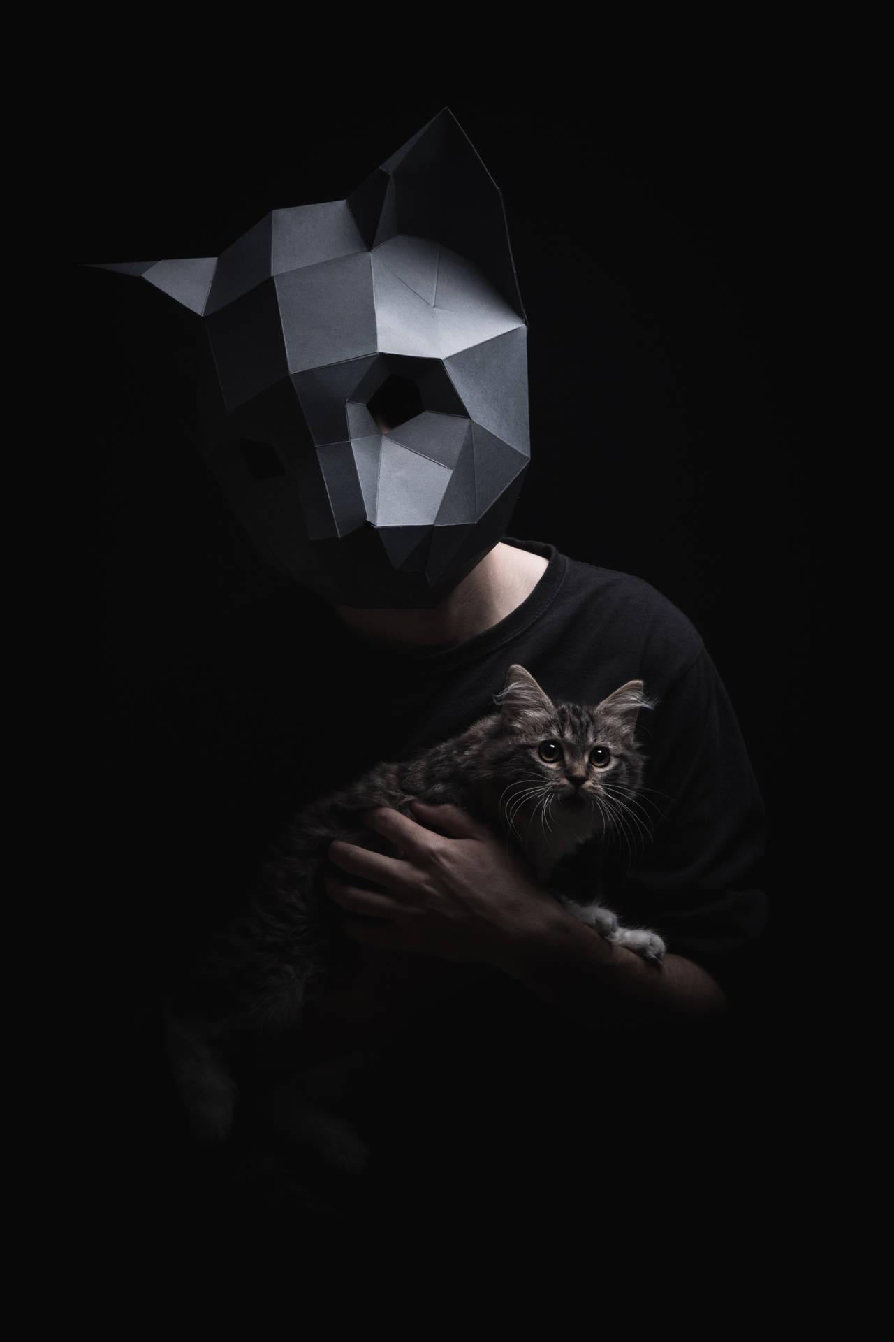 Mann som har på seg en 3D low poly kattemaske bakgrunnsbilde