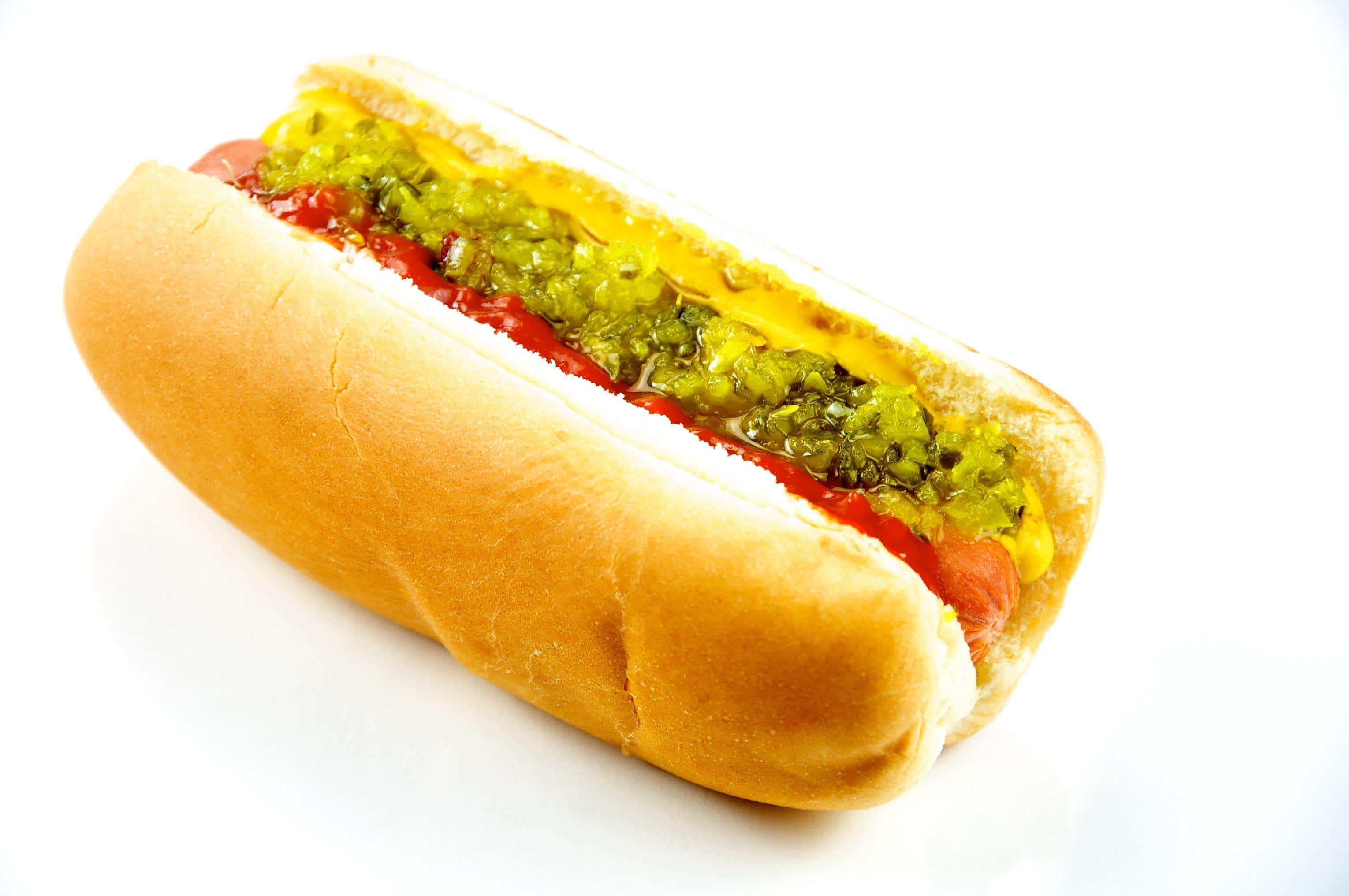 en pølse med sennep og relish Bakgrunner