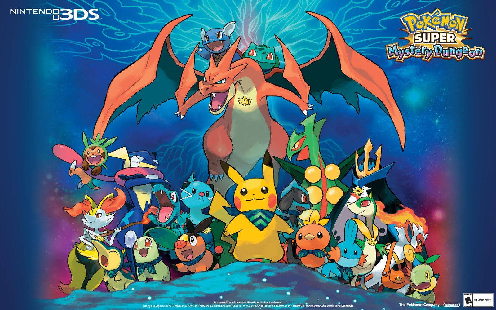 Pokémon Pikachu, Bulbasaur, Ivysaur, Charmeleon, Charizard og Squirtle sammen med andre Pokémon i Mystery Dungeon