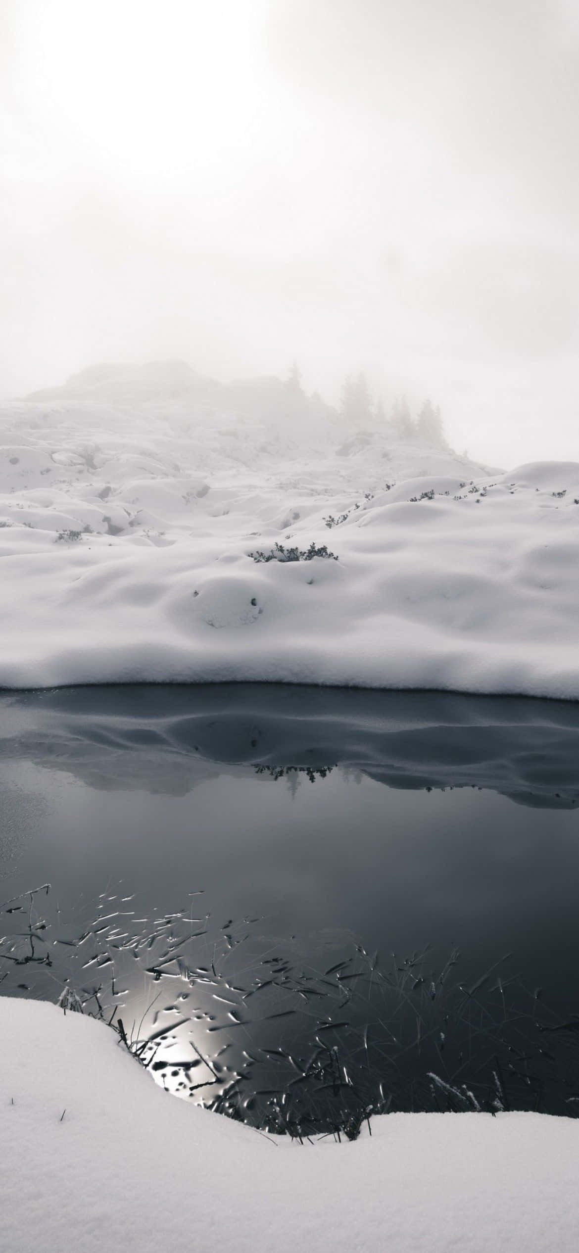 en snødekt innsjø med en refleksjon Bakgrunner
