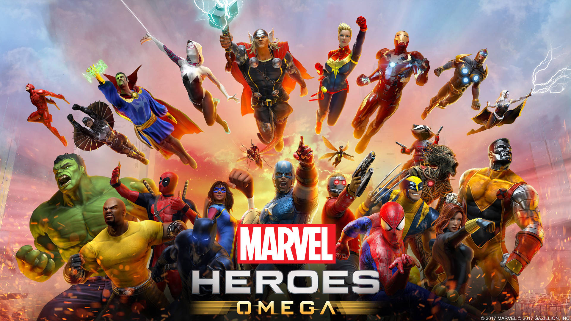 Marvel-superhelter omega med flygende figurer.