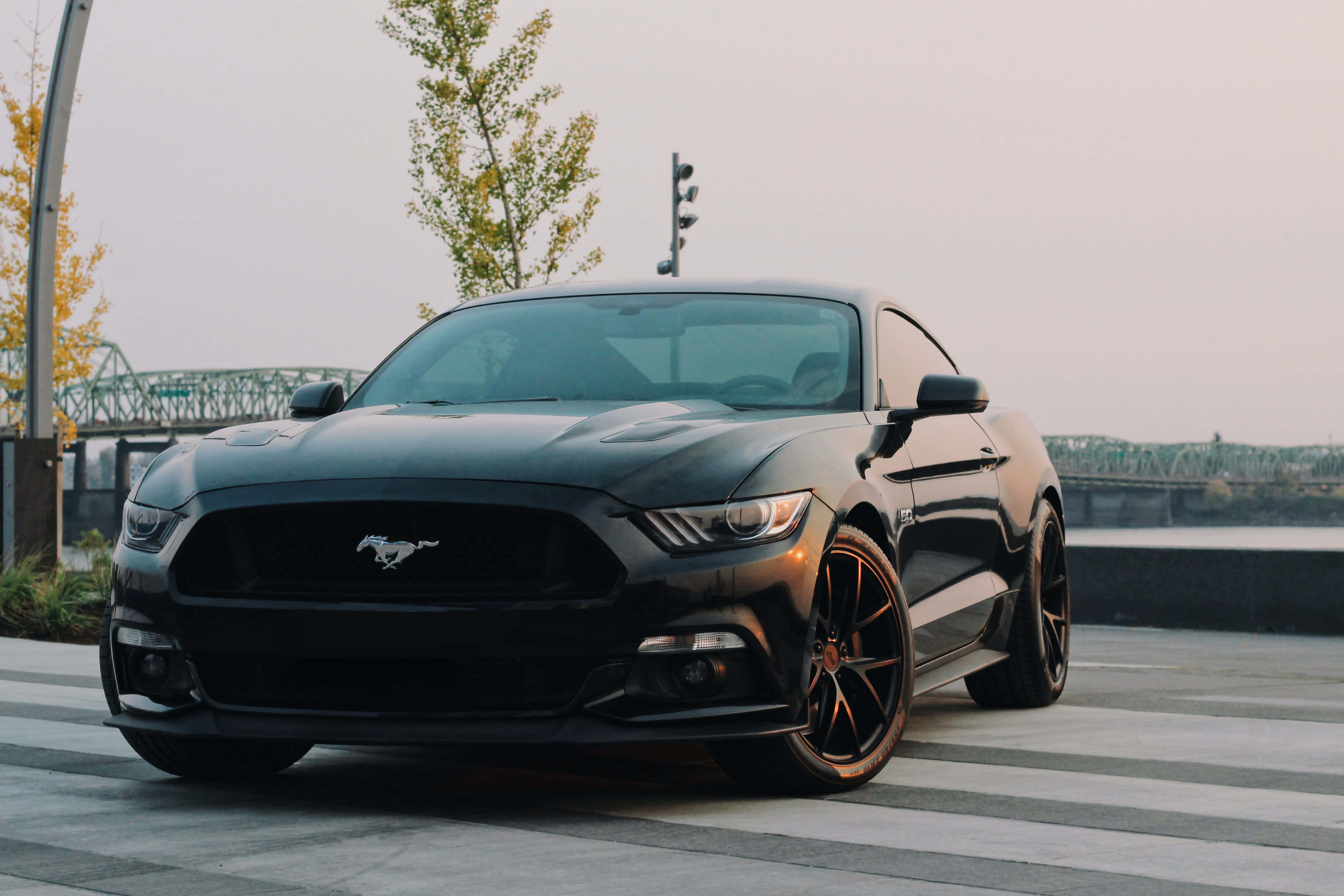 en svart Ford Mustang parkert på en gate Bakgrunner
