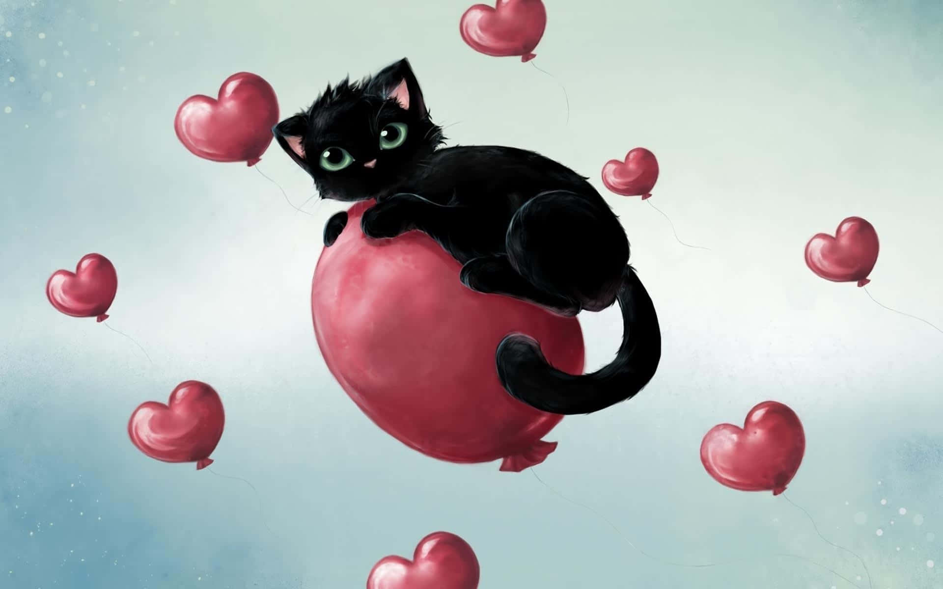 en svart katt som sitter på en rød ballong med hjerter Bakgrunner