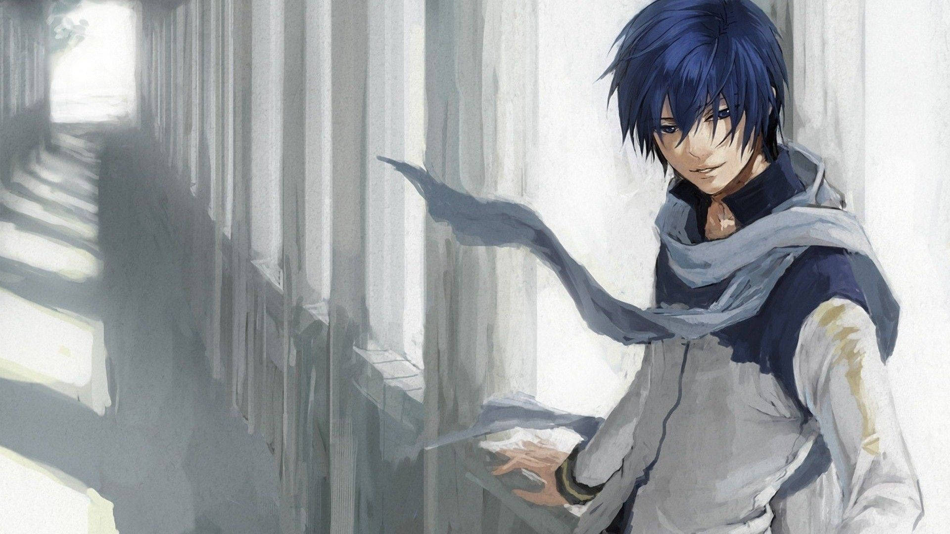Animegutt med blått hår bakgrunn