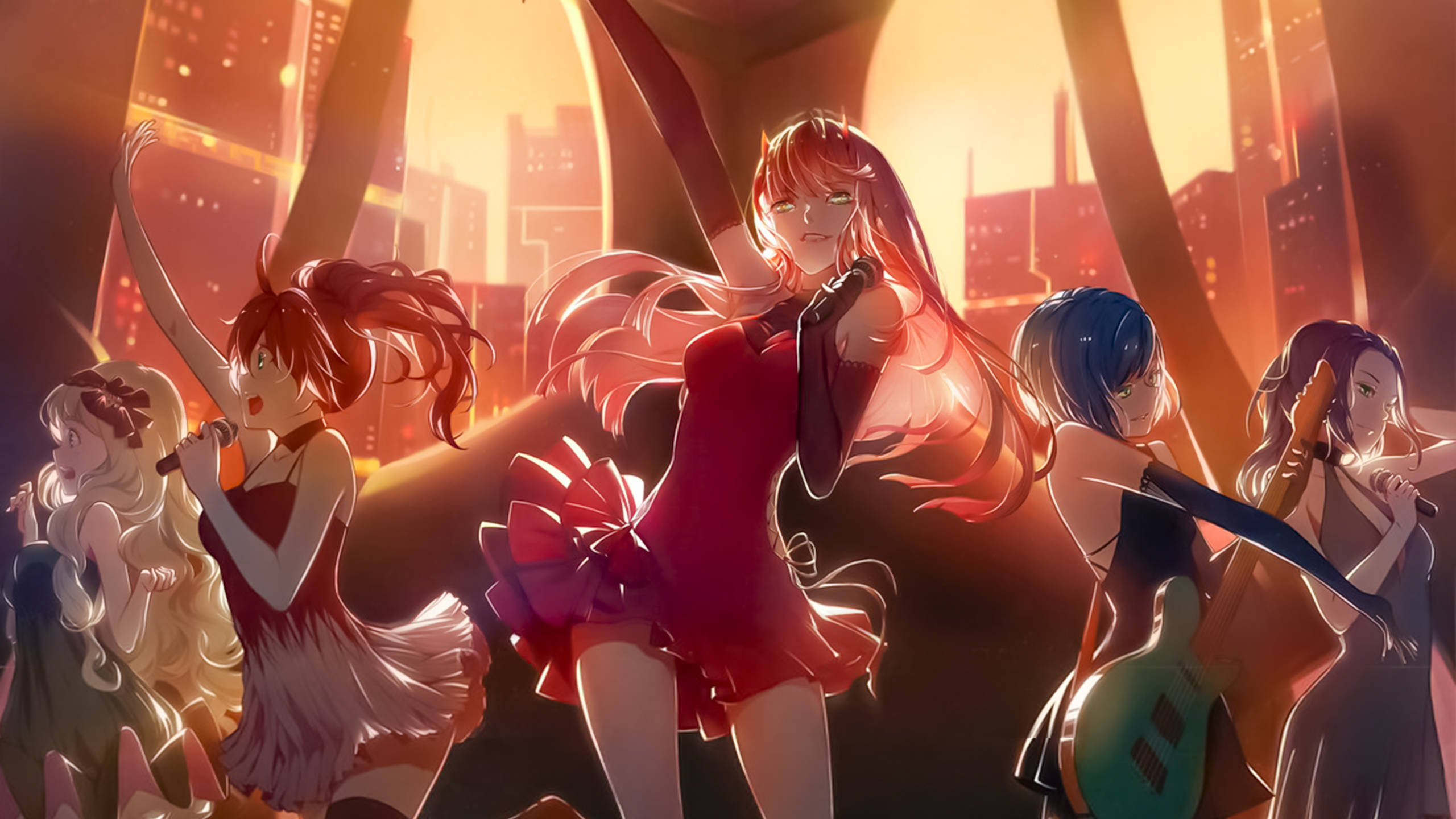 Energisk anime-jenteband danser på drømmeaktig scene Bakgrunner