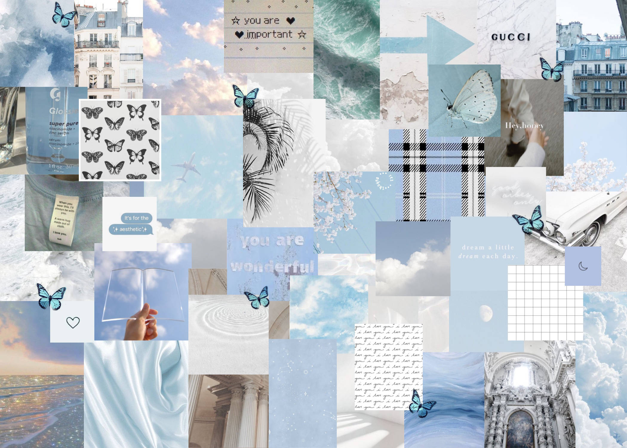 Enkel blå estetisk collage for skrivebord Bakgrunner