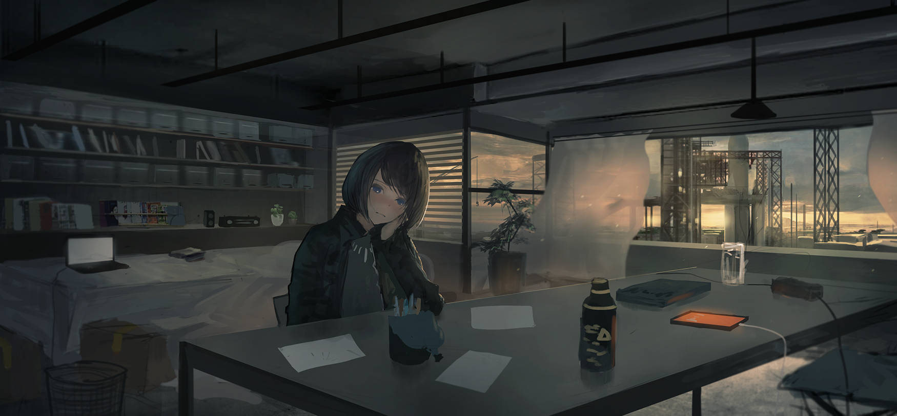 Ensom animejente som slenger over laptopbordet Bakgrunner