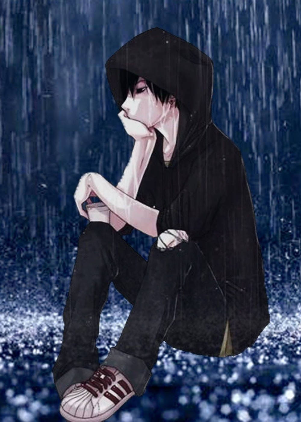 Ensomme triste anime-gutter i svart hettegenser Bakgrunner
