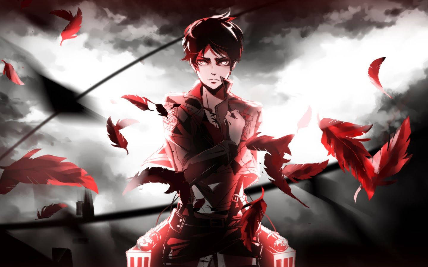 Eren Jaeger som gjør saluttholdningen med røde fjær som flyter i Attack on Titan-fanart-bakgrunnsbilde.