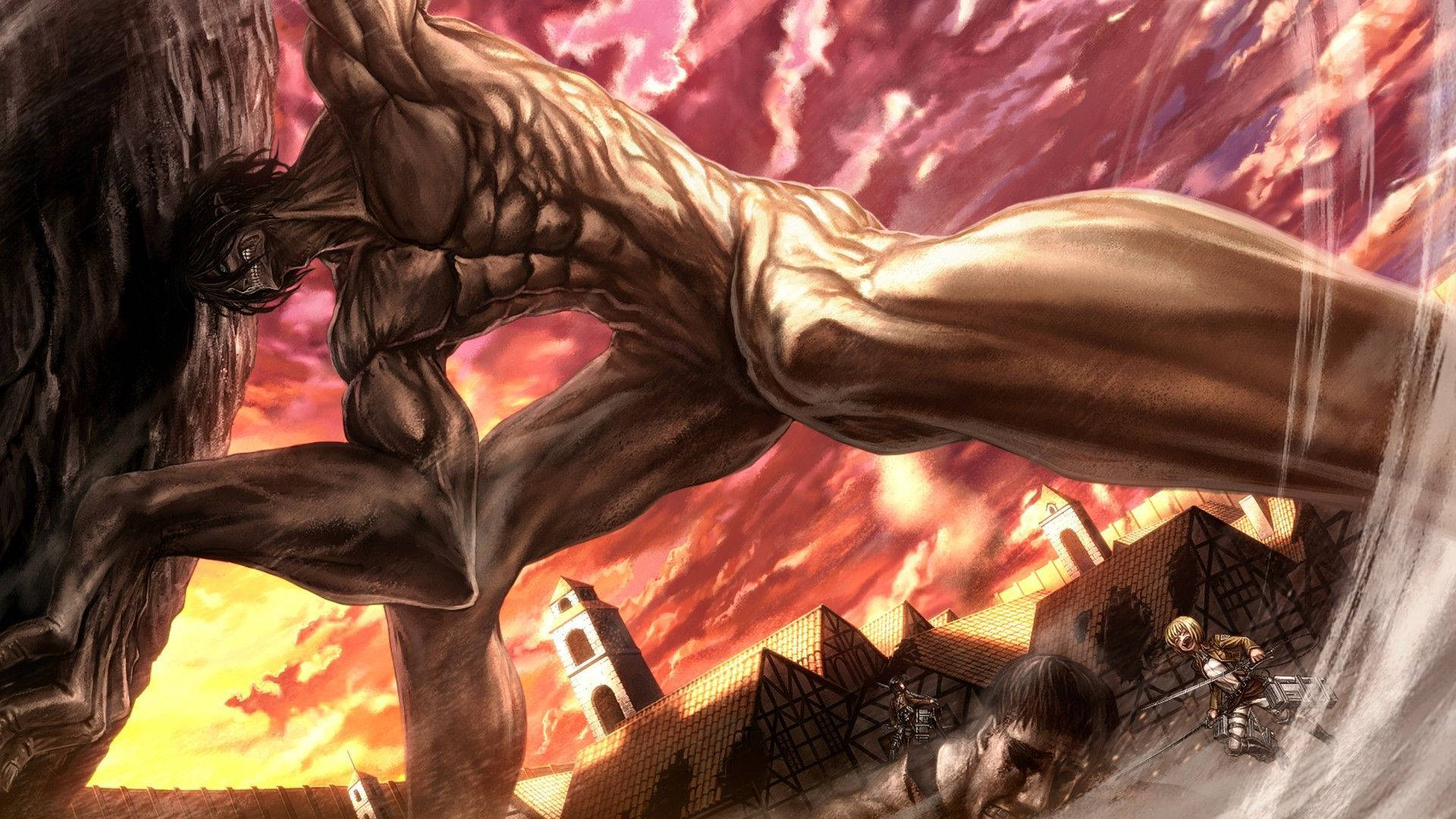Attack on Titan-bakgrunnsbilde av Titan Eren som bærer en steinblokk for å tette hullet i Trost-distriktet.