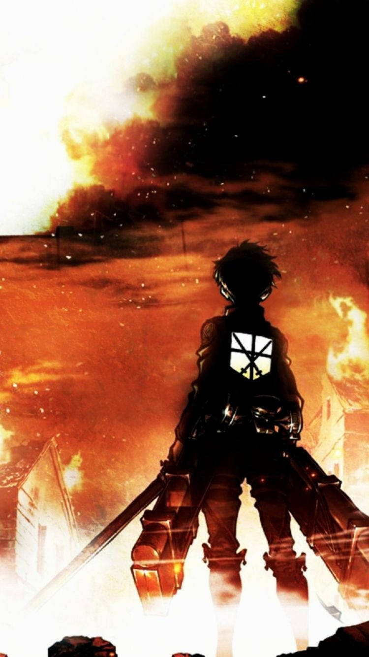Ryggvisning av Eren Jaeger med bølgende røyk og ild i Attack on Titan-bakgrunnsbilde.